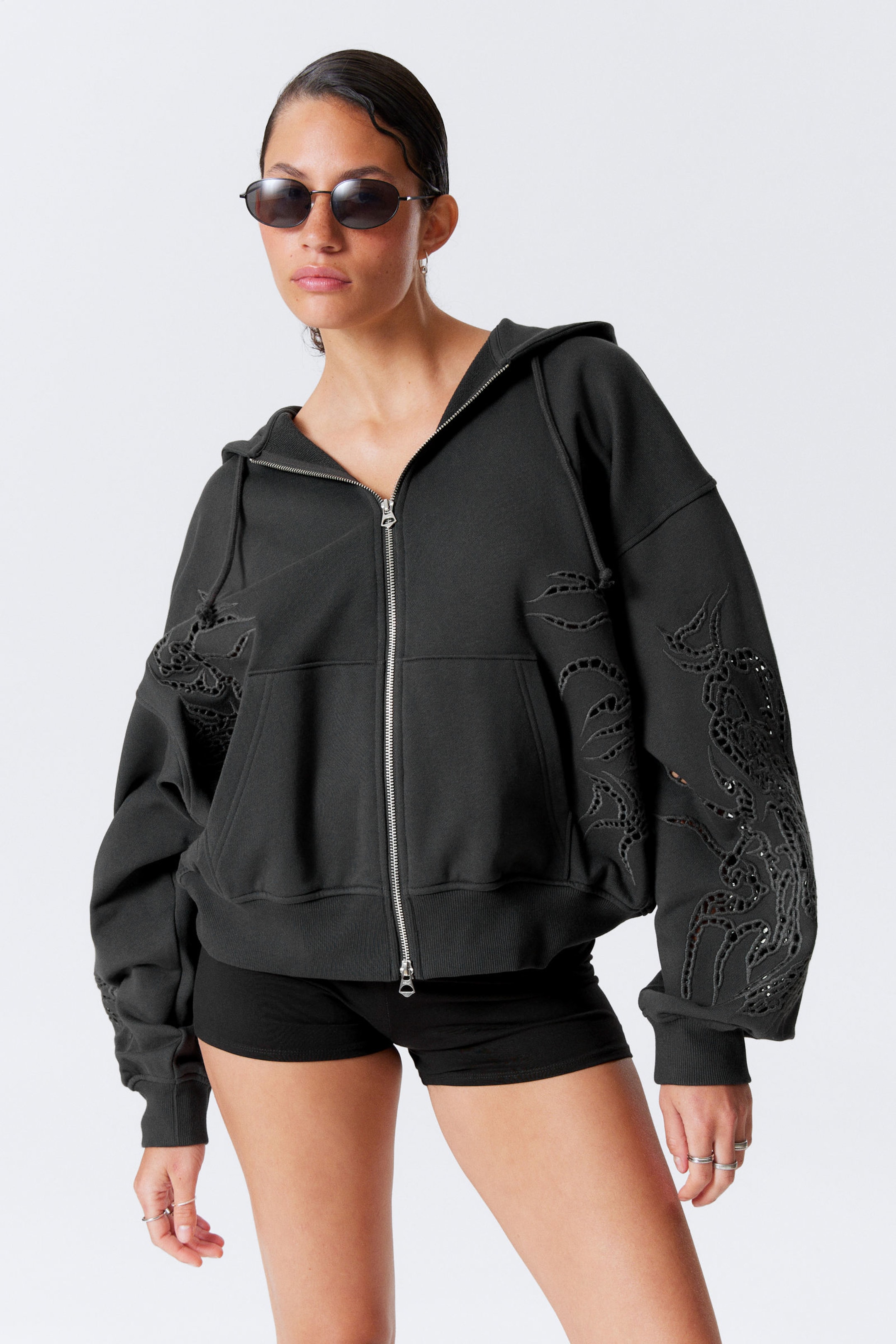 #3A3A3D - Oversized Broderie Anglaise Zip Hoodie - 1