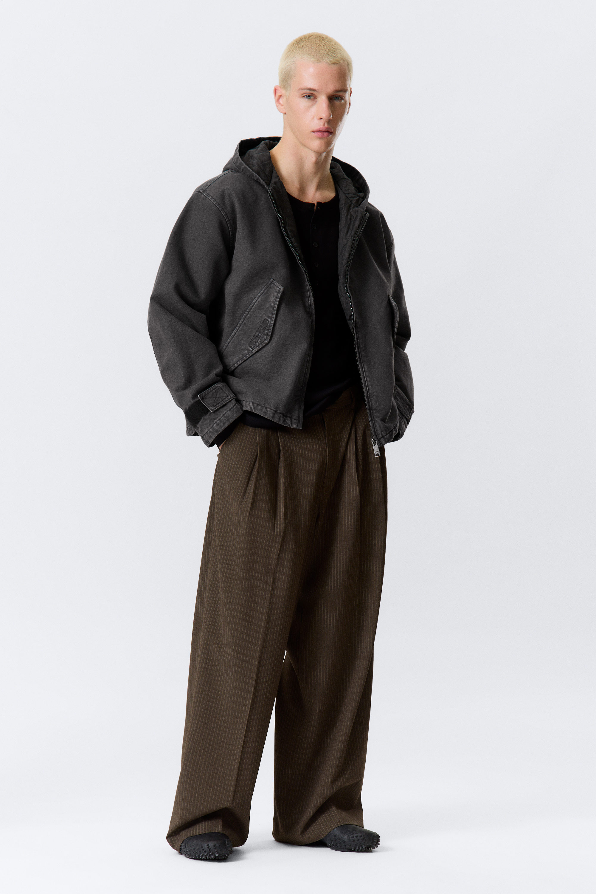 Schwarz meliert - Locker geschnittene Kapuzenjacke aus Canvas - 5