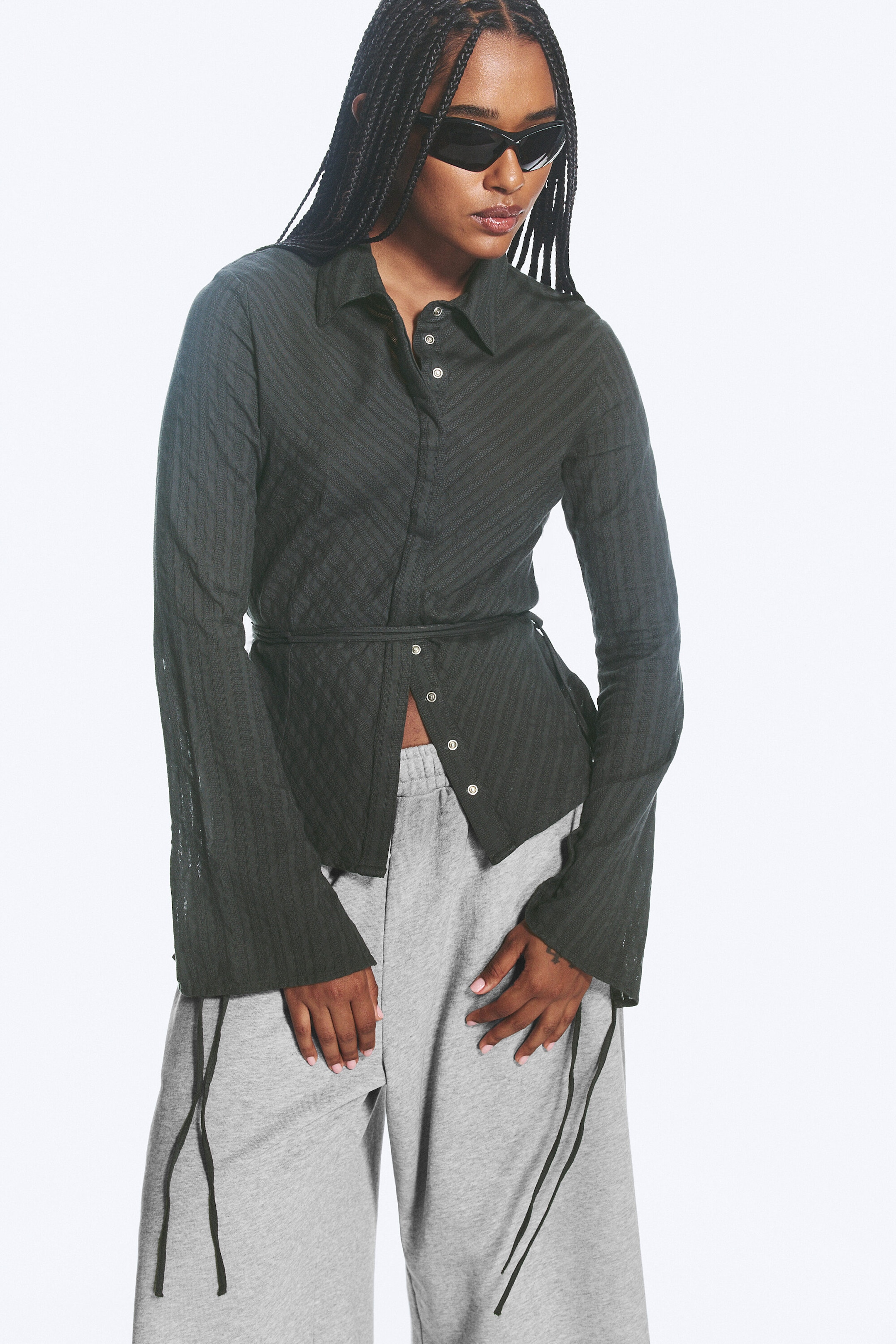 Striped Grey - Tie‑Detail Cotton Shirt - 2