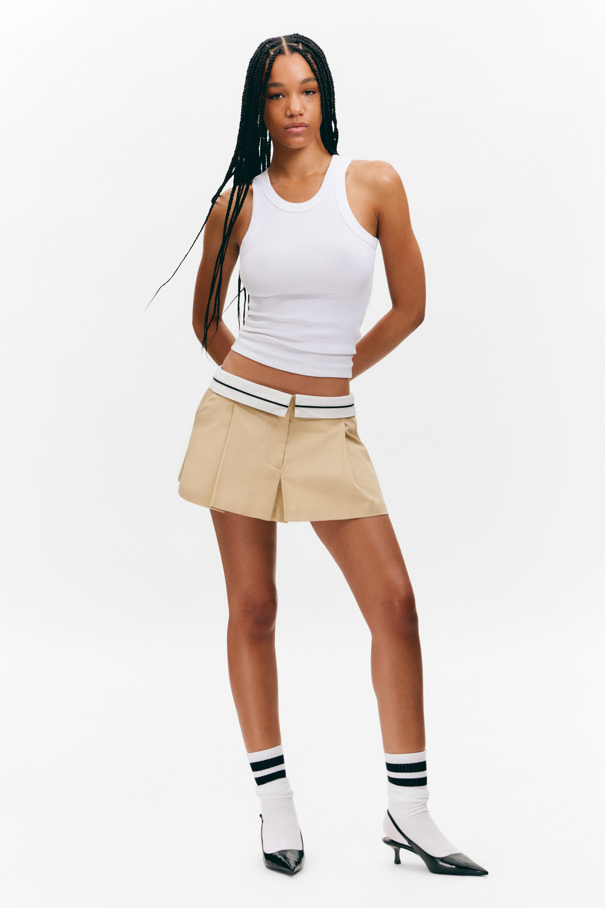 Beige - Folded Waist Pleated Mini Skirt - 1