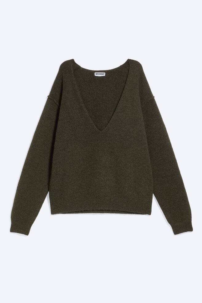 Loose V-neck knitted jumper - Dark Green/Dusty Grey Melange/Black - 1