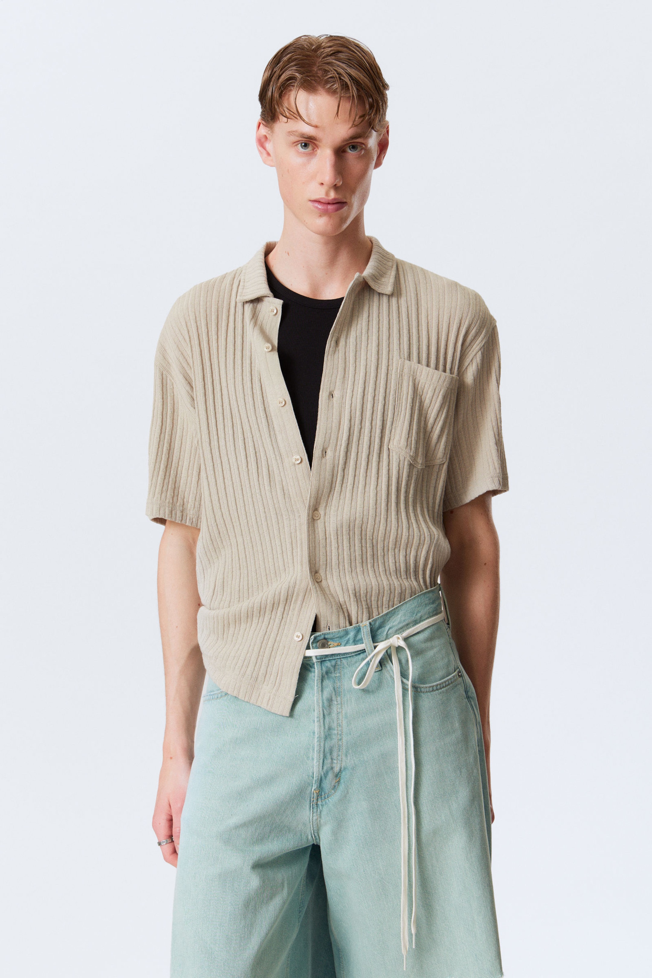 #B4B1A9 - Knitted Short-Sleeved Button-Up Shirt - 1
