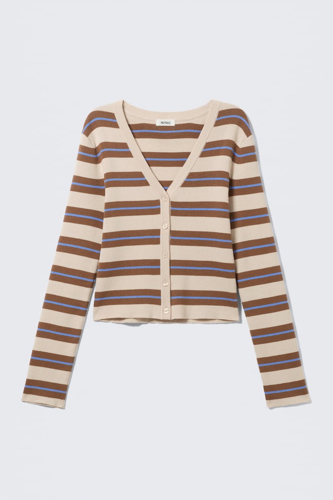 Cropped Knitted V-neck Cardigan - Striped Brown/Grey Melange - 1