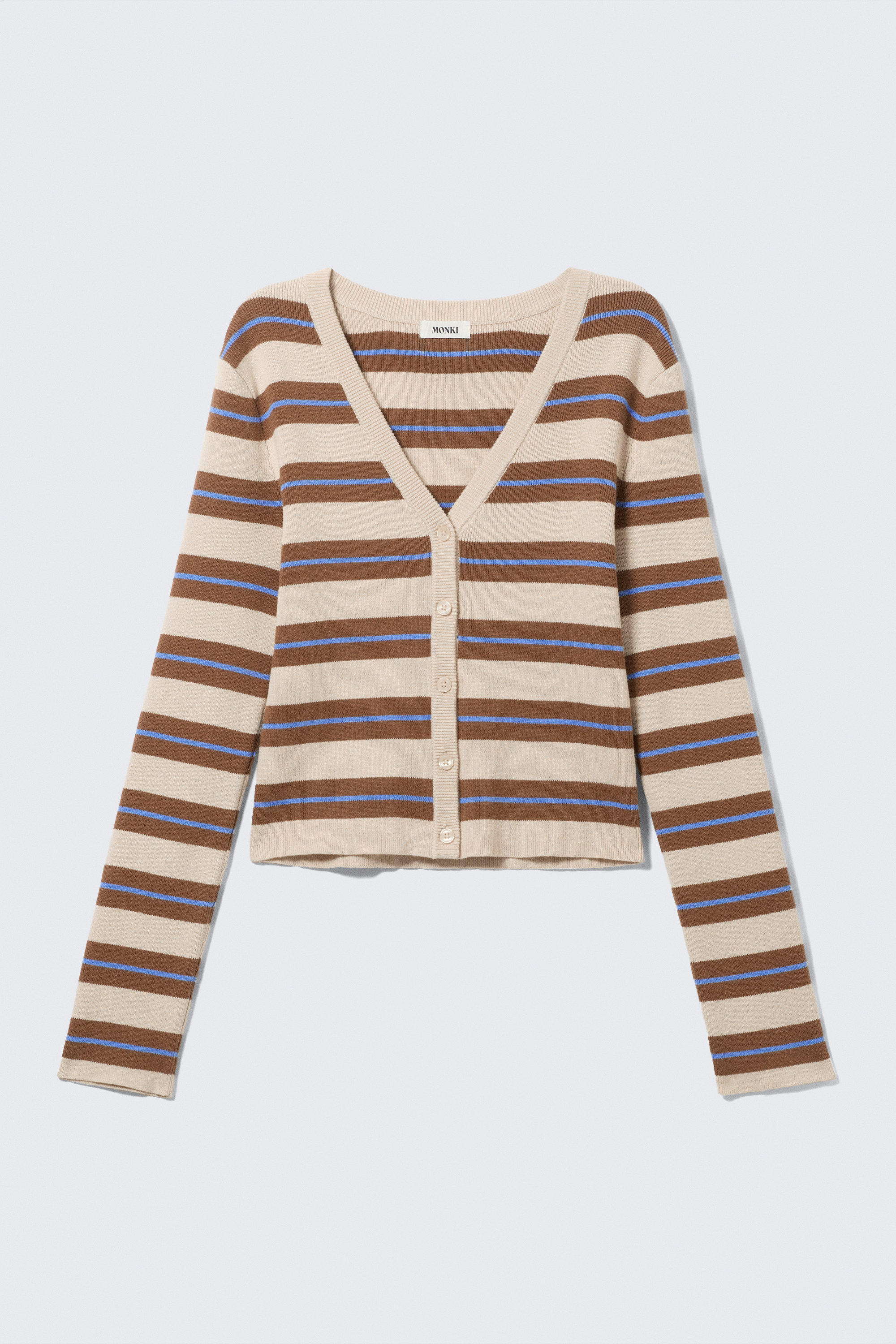 Striped Brown - Cropped Knitted V-neck Cardigan - 3