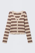 Randig Brun - Kort stickad v-ringad cardigan - 3