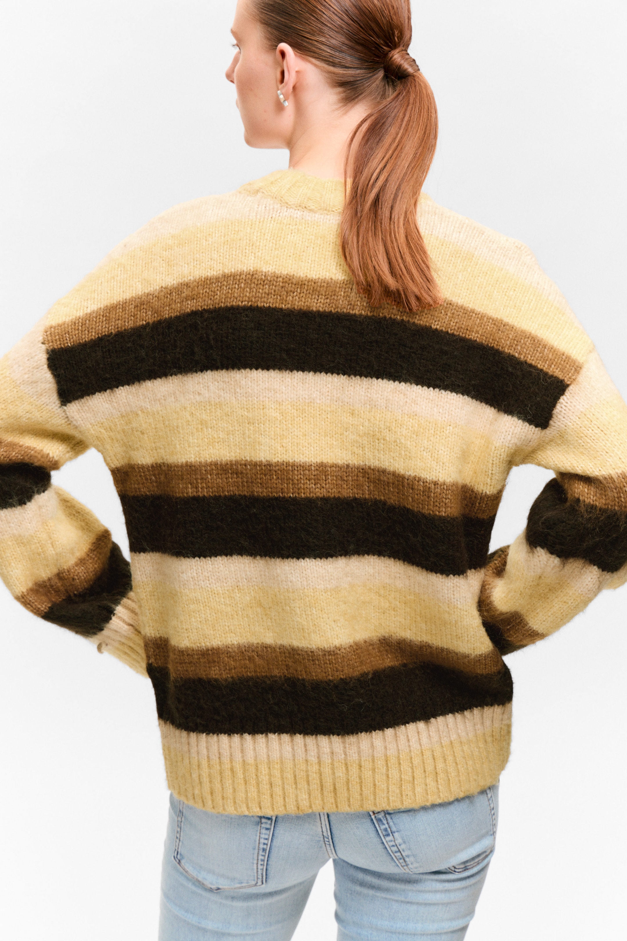 Dusty Yellow & Brown Stripes - Relaxed Fit Fluffy Knit Sweater - 2