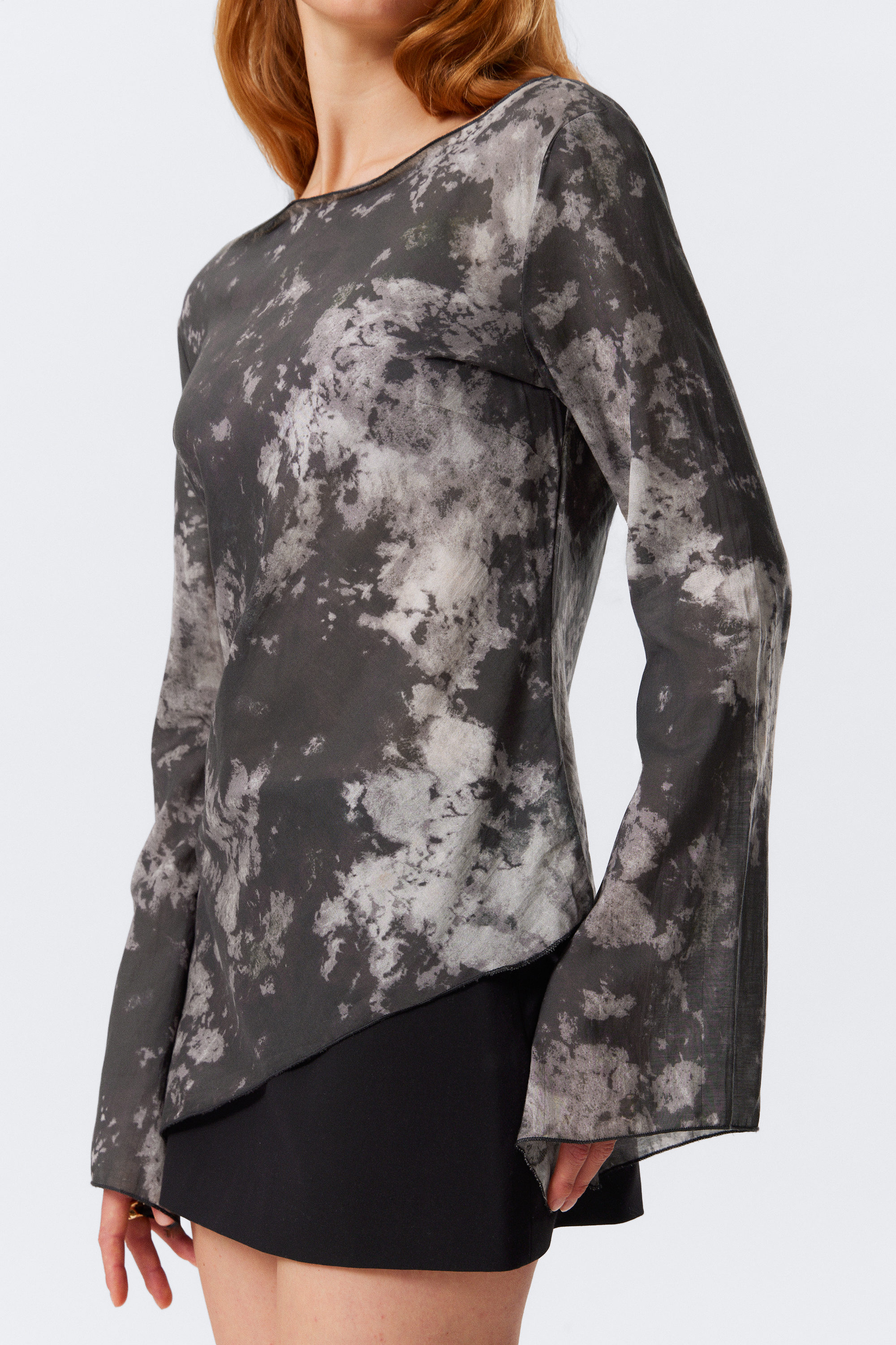 Black - Obsidian Mist - Sheer Asymmetric Long-Sleeved Blouse - 2