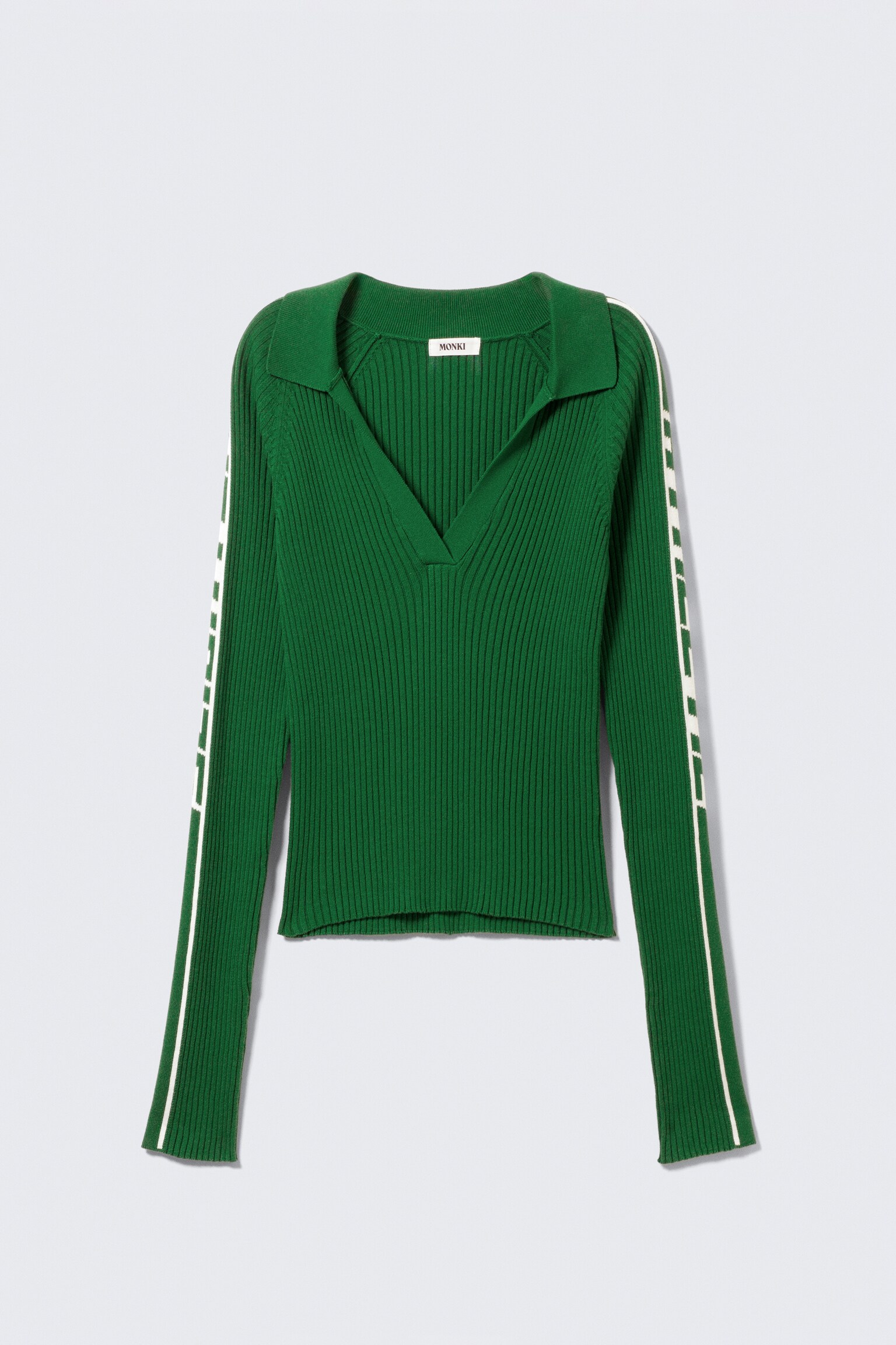 Long-Sleeved Ribbed Knit V-Neck Top - Green/White - 2