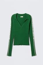 Green - Long-Sleeved Ribbed Knit V-Neck Top - 0
