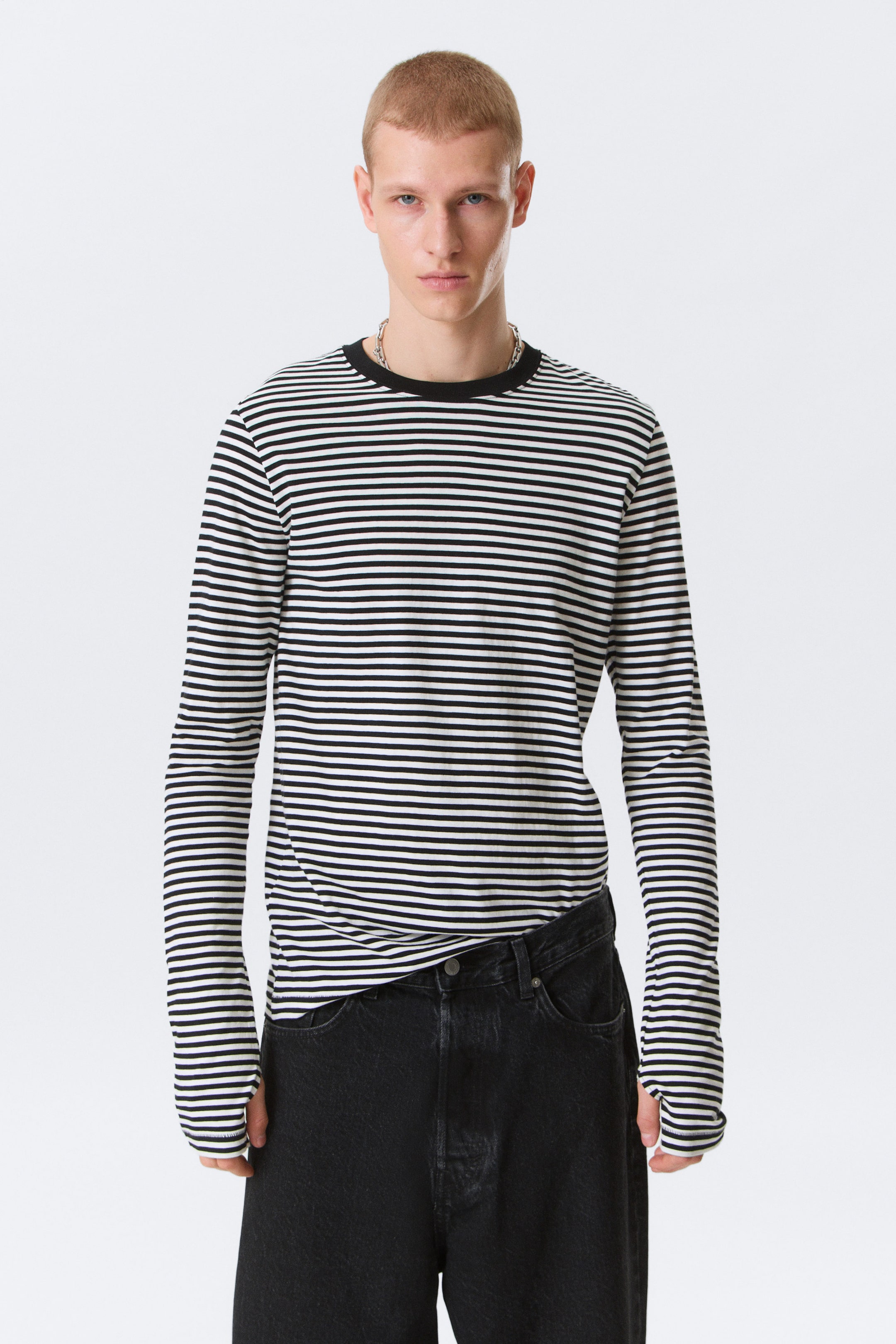 Black & White Stripes - Relaxed Long-Sleeved Cotton T-Shirt - 2