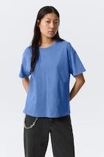 Blauw met wassing - Ruimvallend boxy T-shirt van katoen - 0