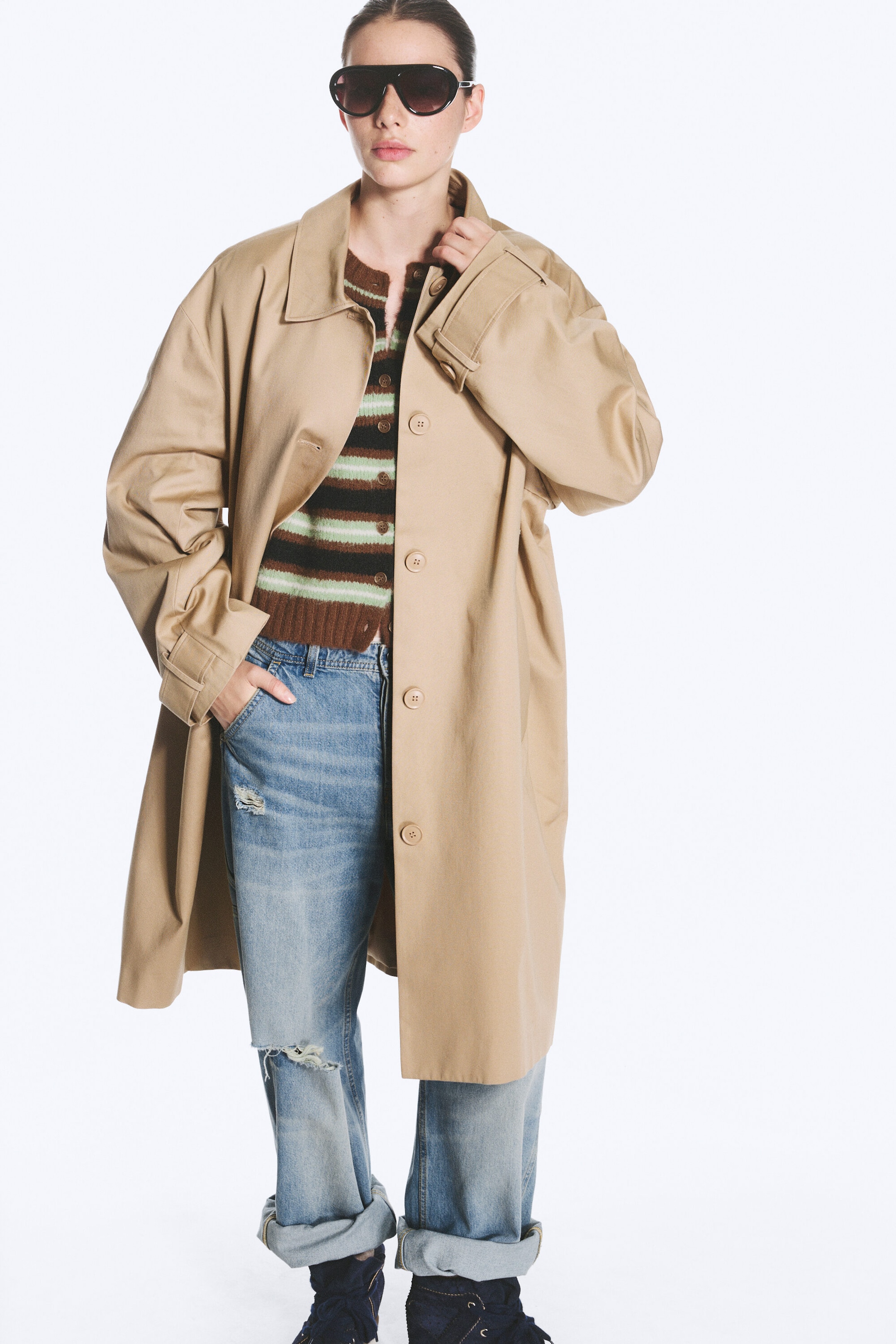 Beige - Ruimvallende single-breasted carcoat - 2