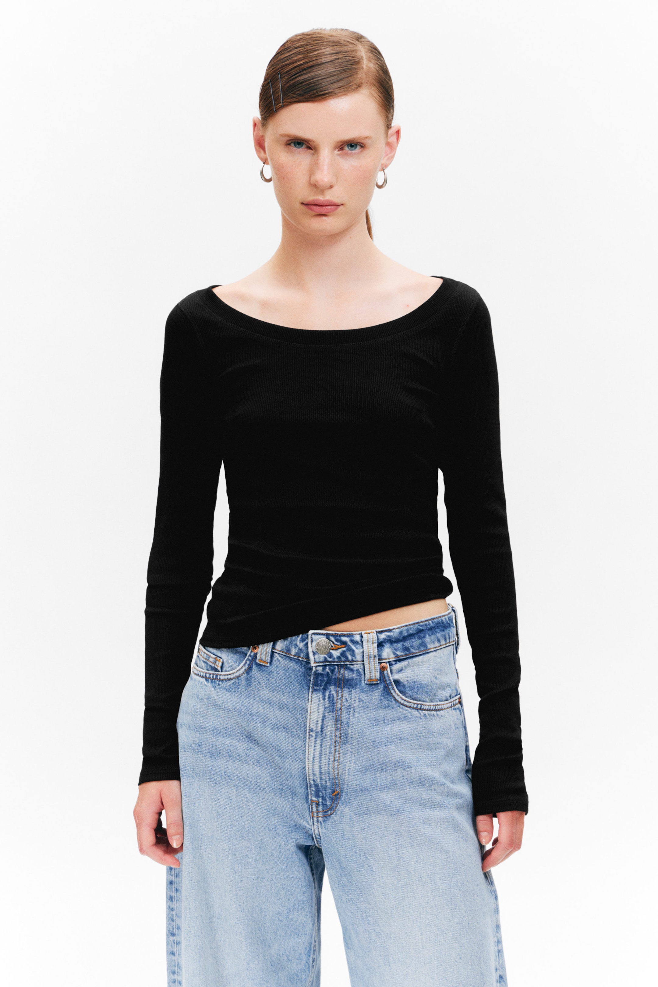 Black - Long-Sleeved Wide Neck Top - 2