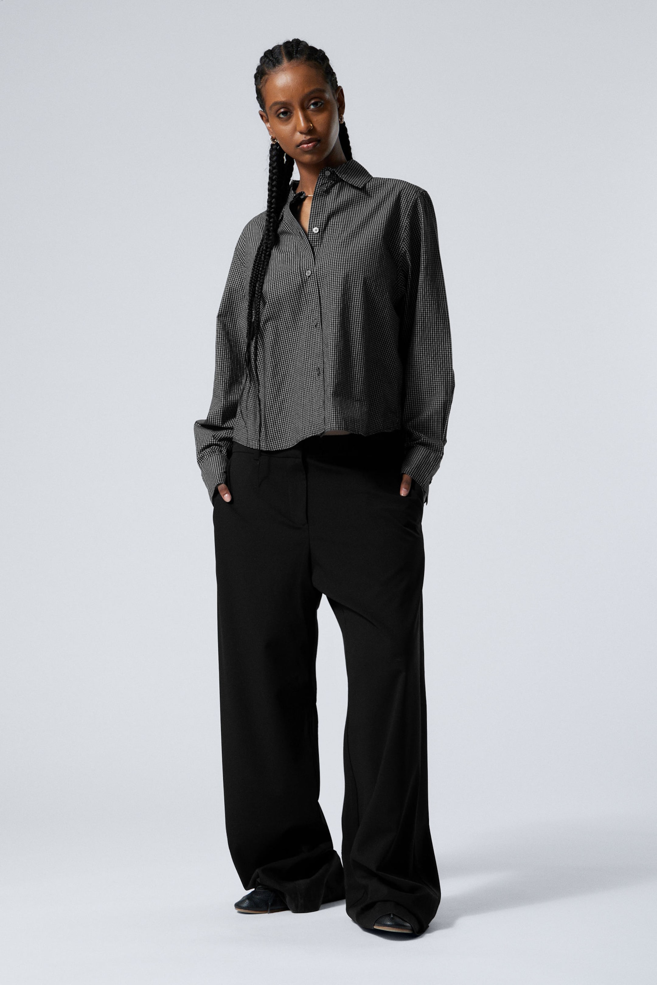 Checked Black - Relaxed Cropped Long-Sleeved Cotton Shirt - 1