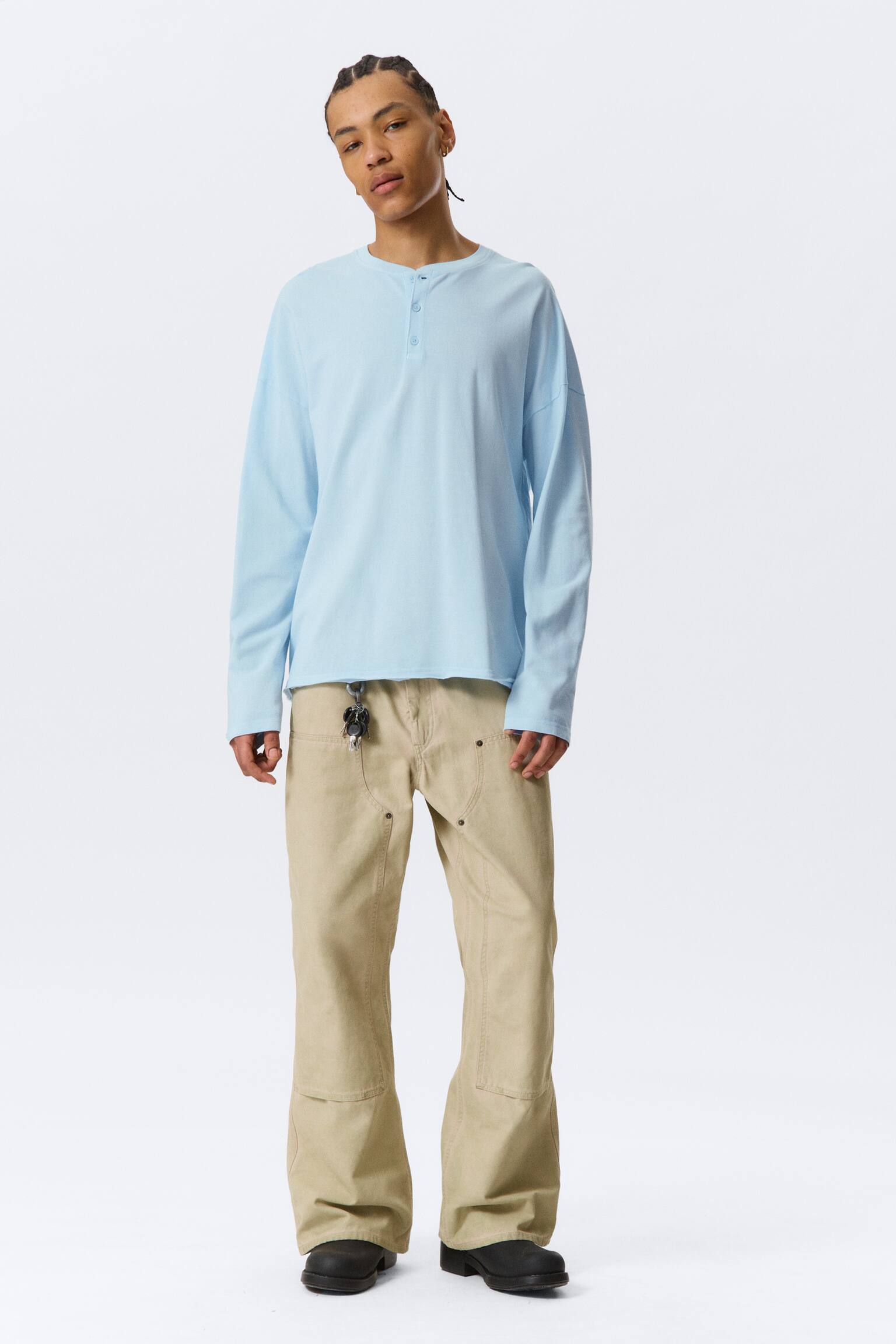 Locker geschnittenes Langarm-Henleyshirt - Hellblau/Dunkelgrau - 6