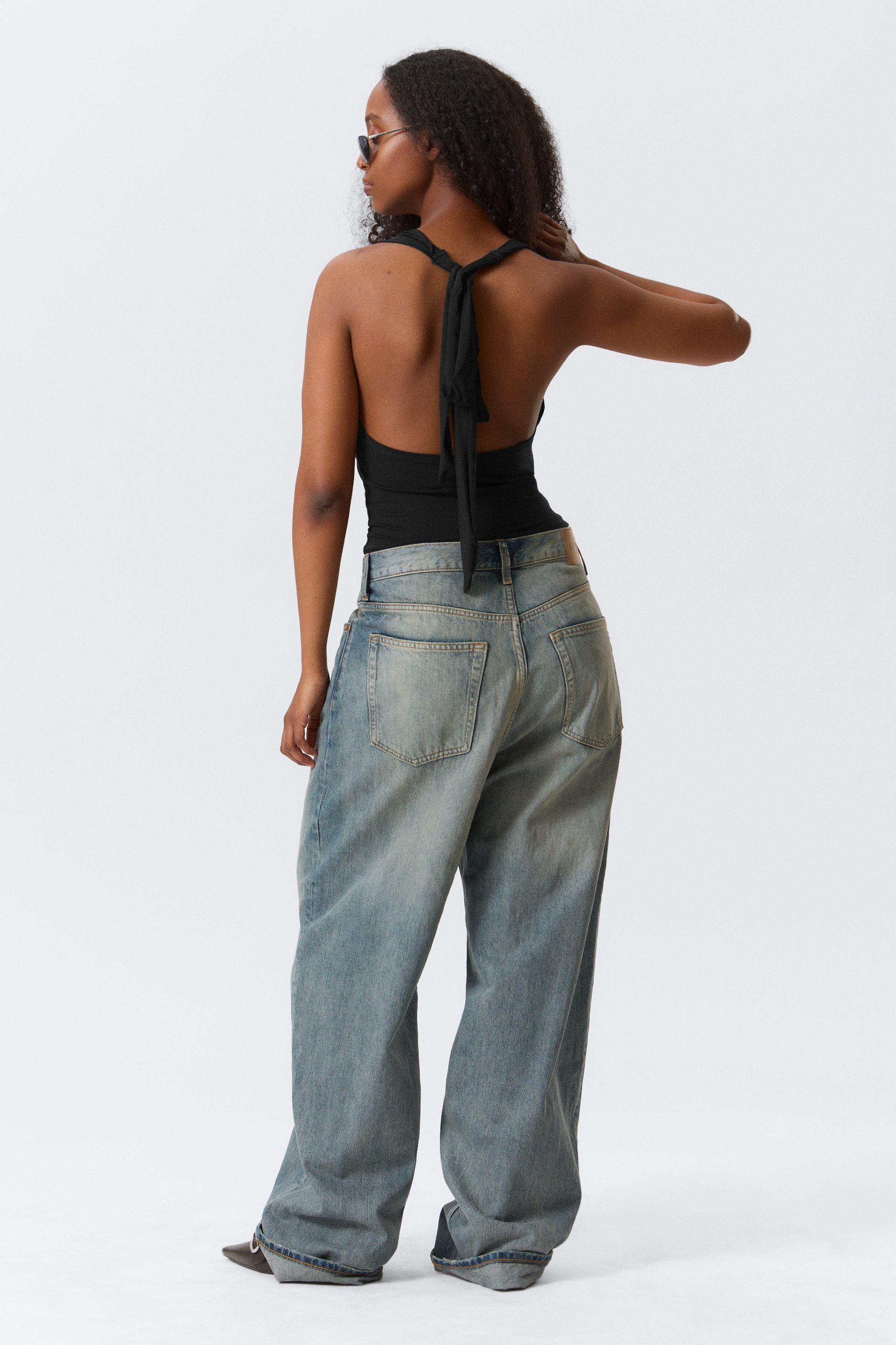 Black - Waterfall Drape Halter Top - 2