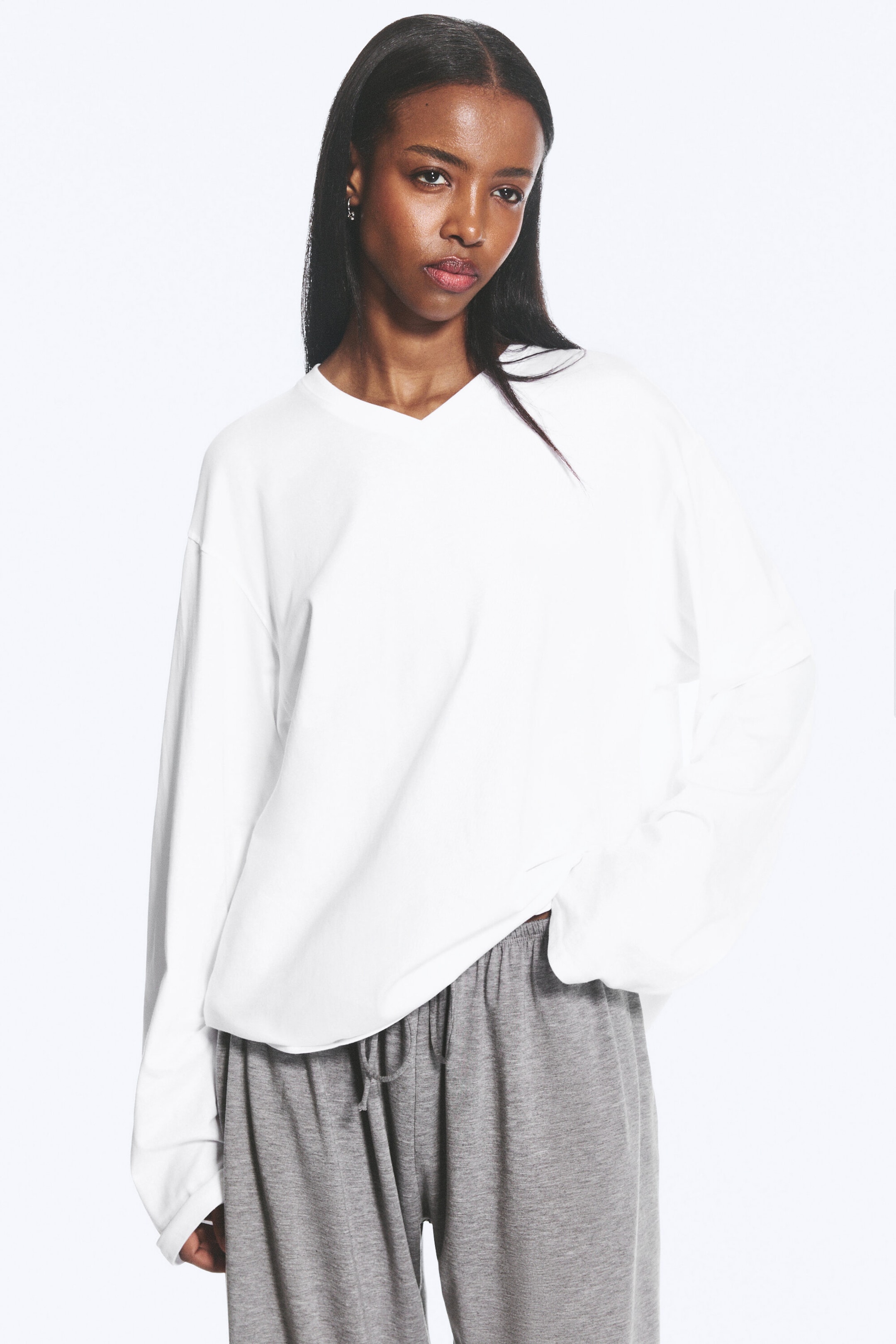 White - Boxy V-neck Long-sleevd T-shirt - 1