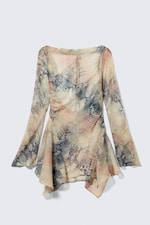 Beige - Snakeskin-patterned - Long-Sleeved Asymmetric Satin Mini Dress - 4