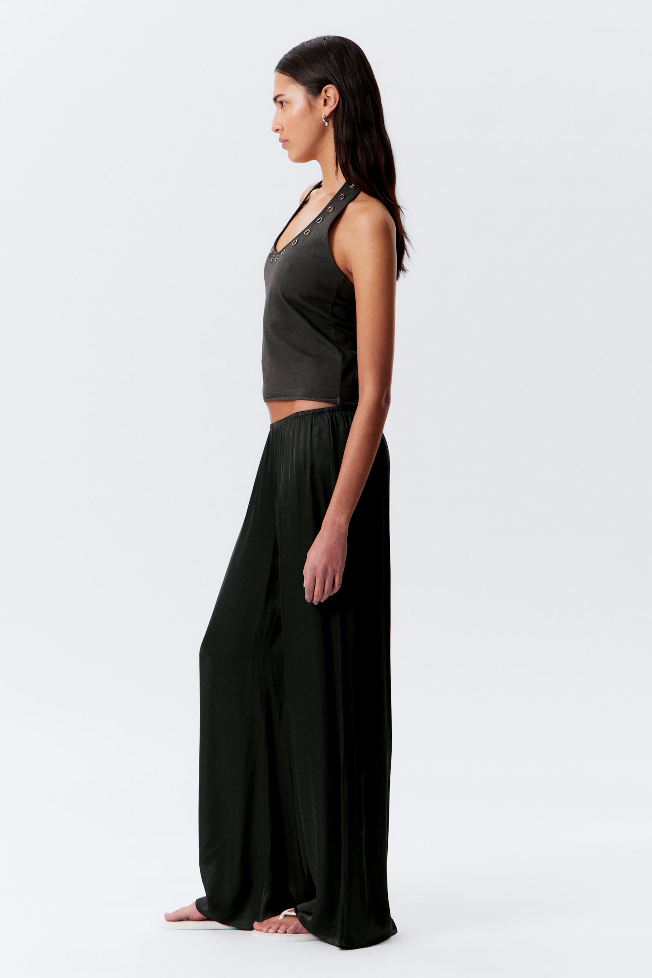 Dark Grey - Draped Wide-Leg Satin Trousers - 2