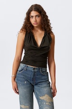 Dunkles Khakigrün gestreift - Gestreiftes, drapiertes Kapuzentop - 0