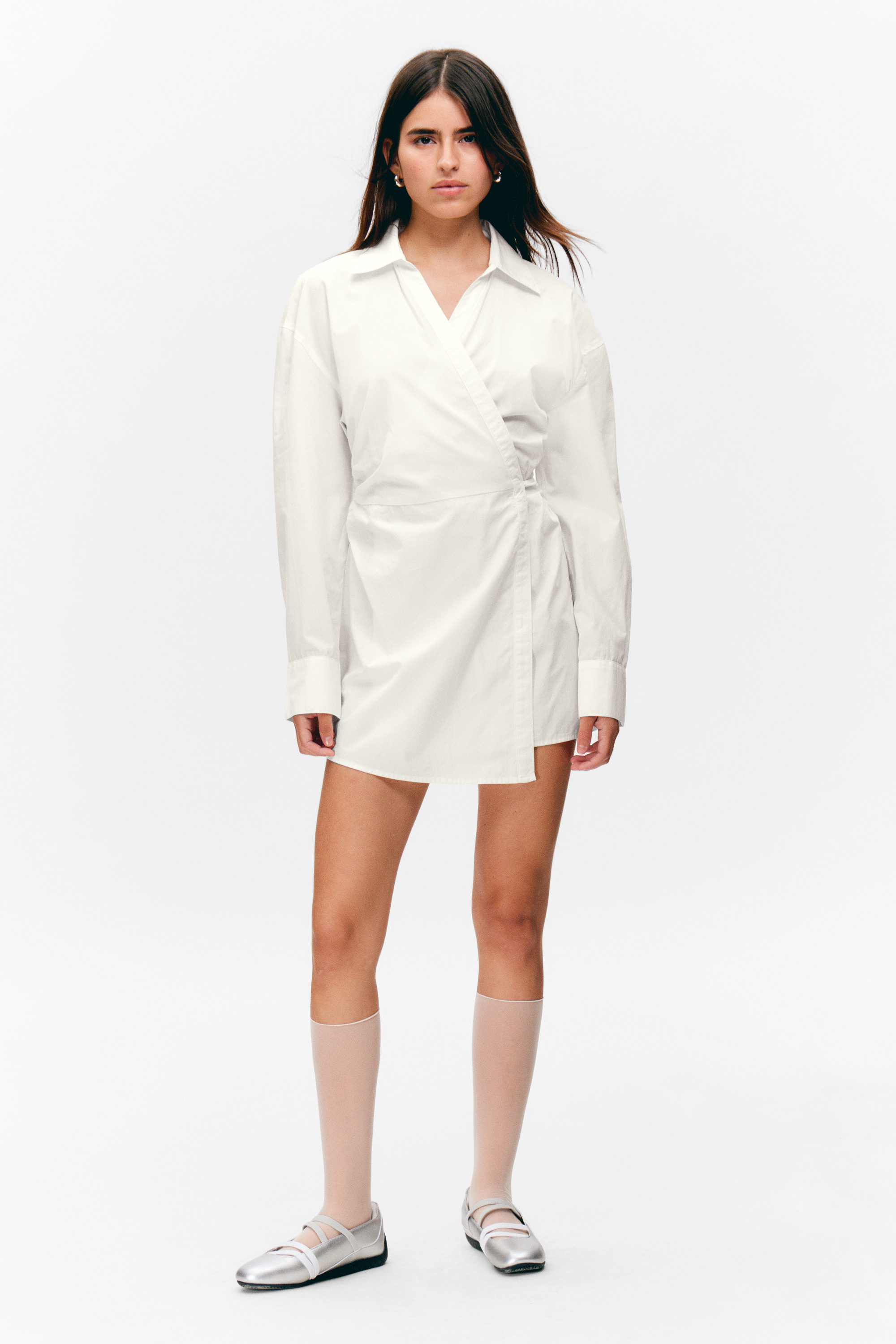 White - Long-Sleeved Mini Wrap Shirt Dress - 2