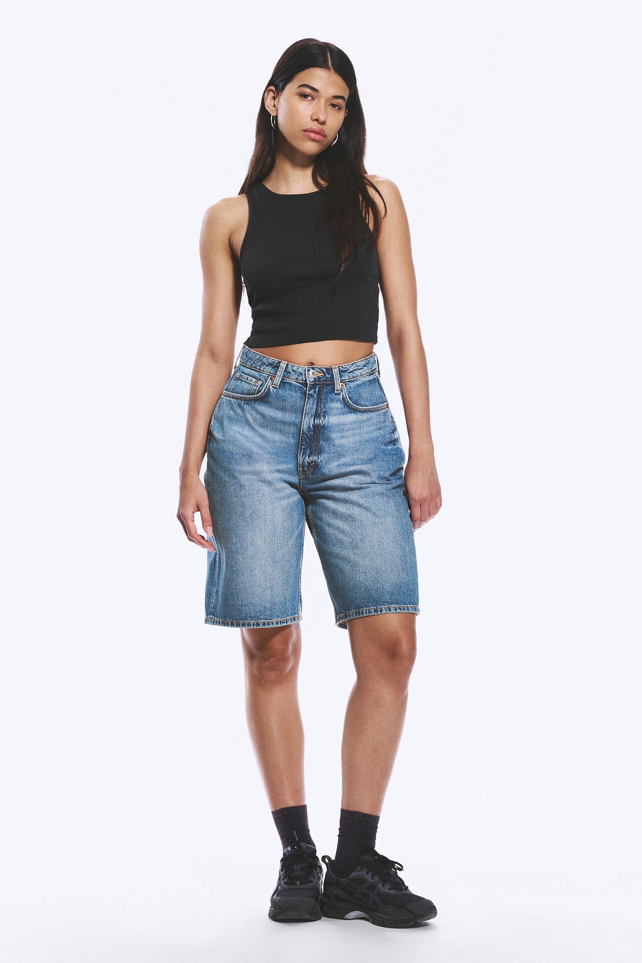 Blue Horses - Medium Blue - Curve High Waisted Wide Leg Denim Shorts - 1