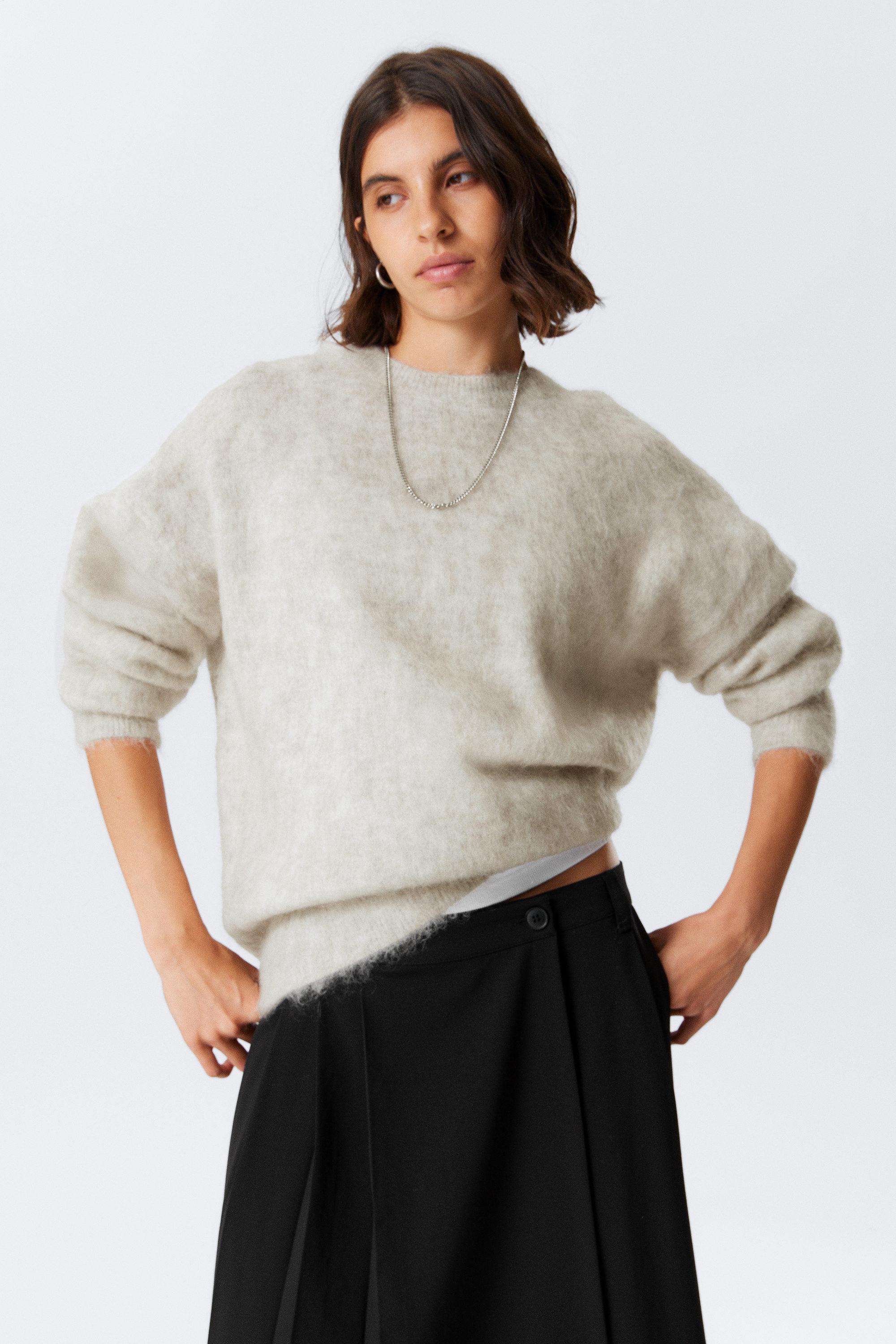 Beige - Oversized Knitted Mohair Blend Sweater - 1