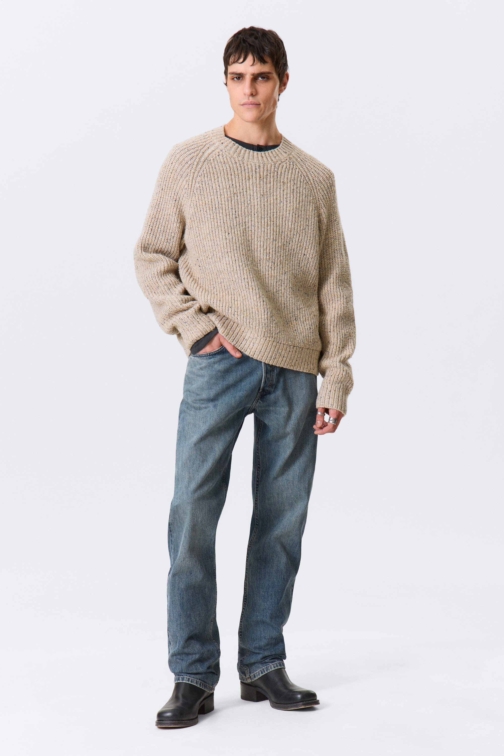 Dzianinowy sweter Relaxed Fit Nepped - Dusty Ecru Melange/Czarny