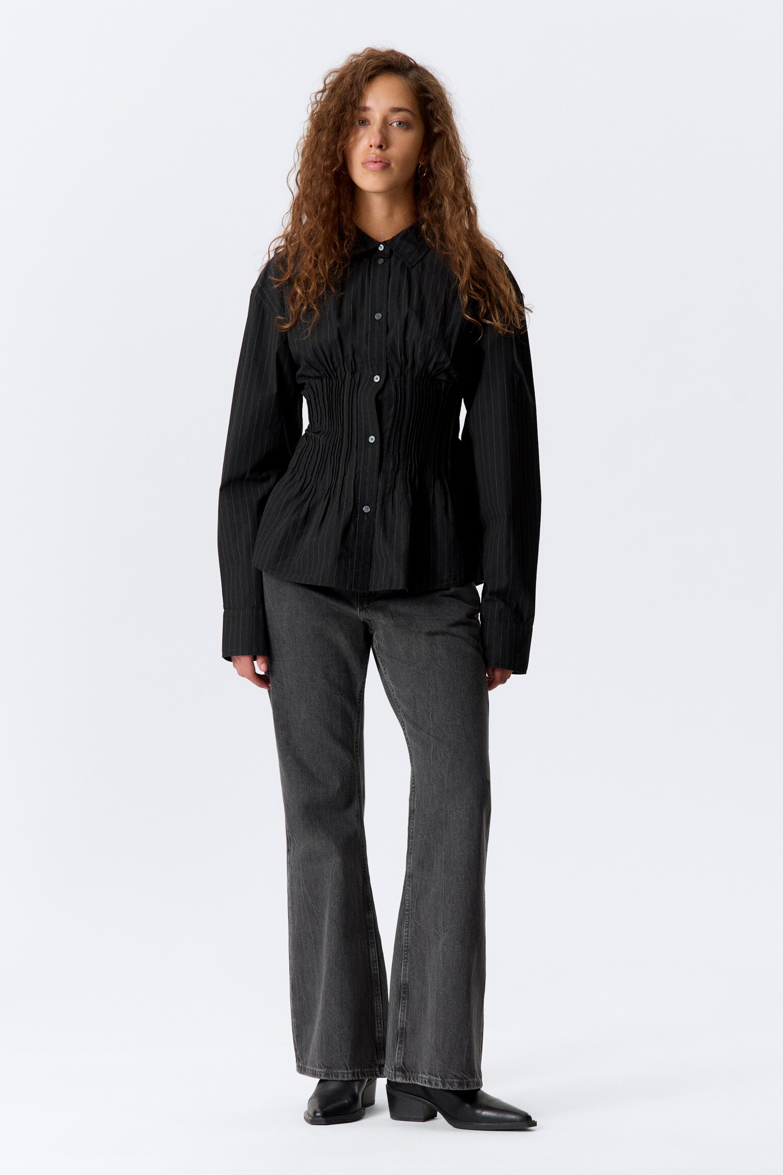 Gathered Waist Cotton Poplin Shirt - Striped Black/White/Black - 3