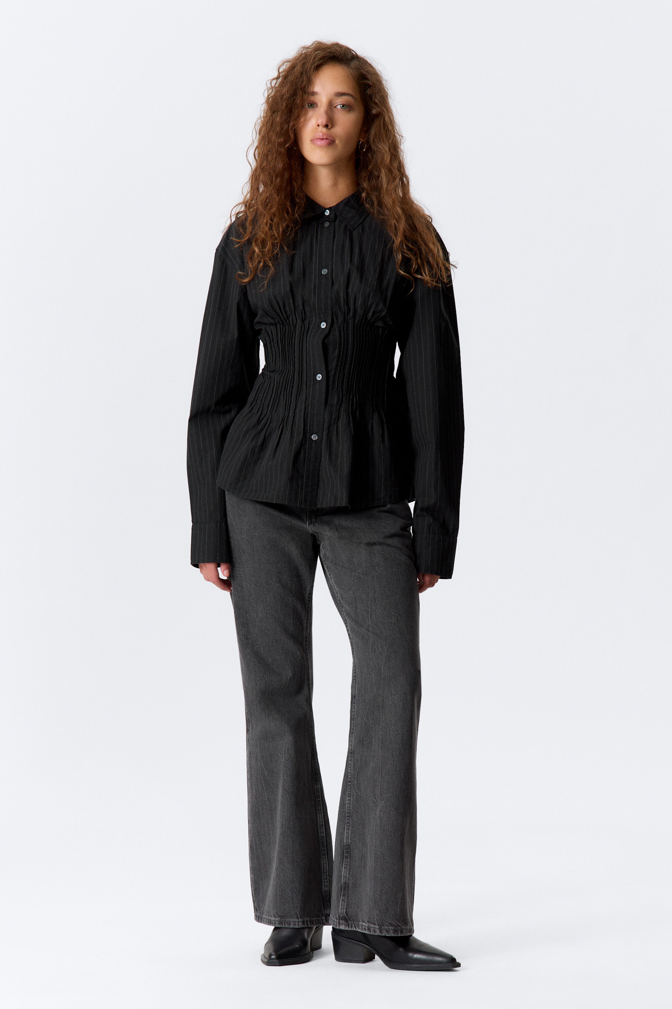 Striped Black - Gathered Waist Cotton Poplin Shirt - 2