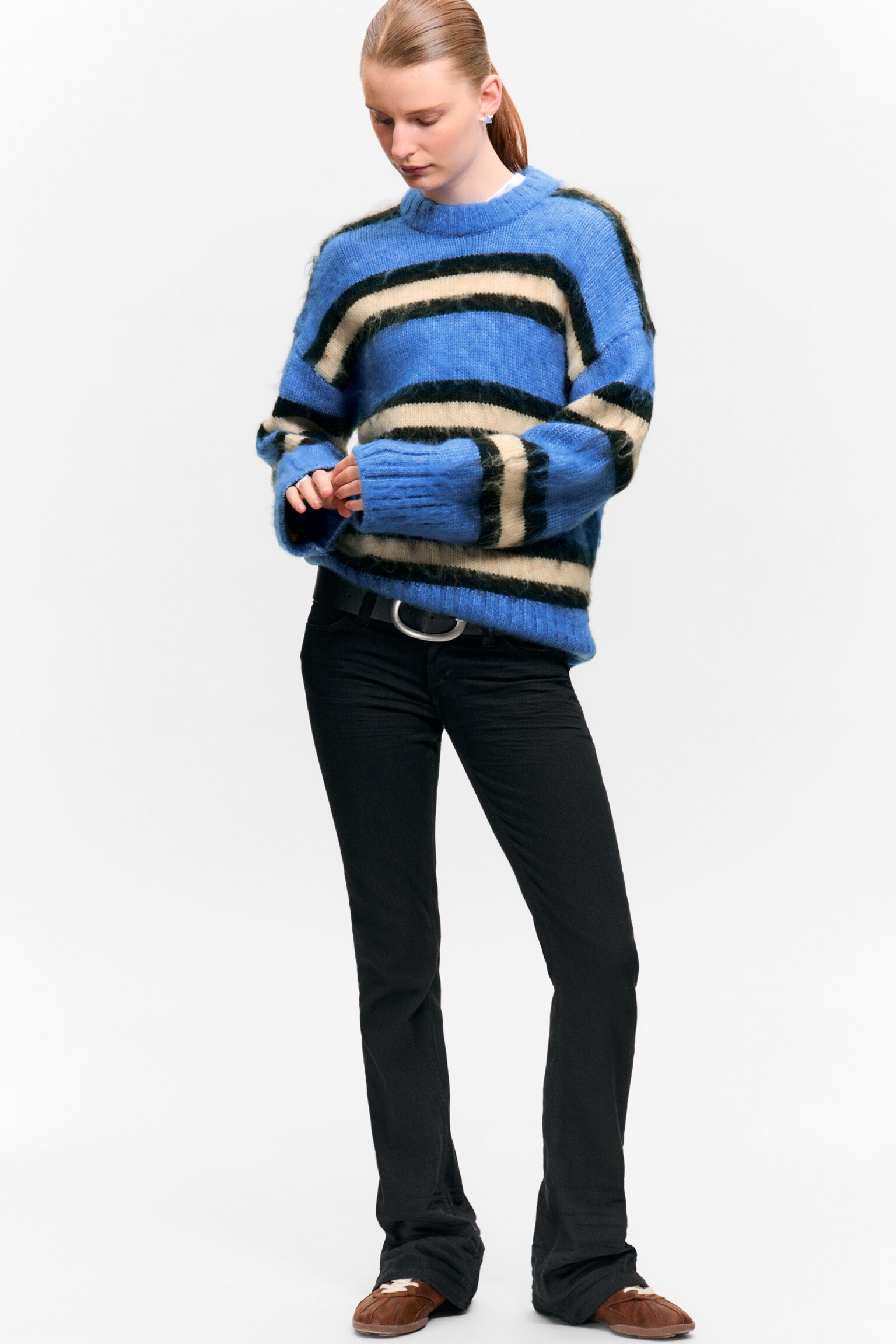 Relaxed Fit Fluffy Knit Sweater - Striped Blue/Dusty Yellow & Brown Stripes/Dark Brown - 4