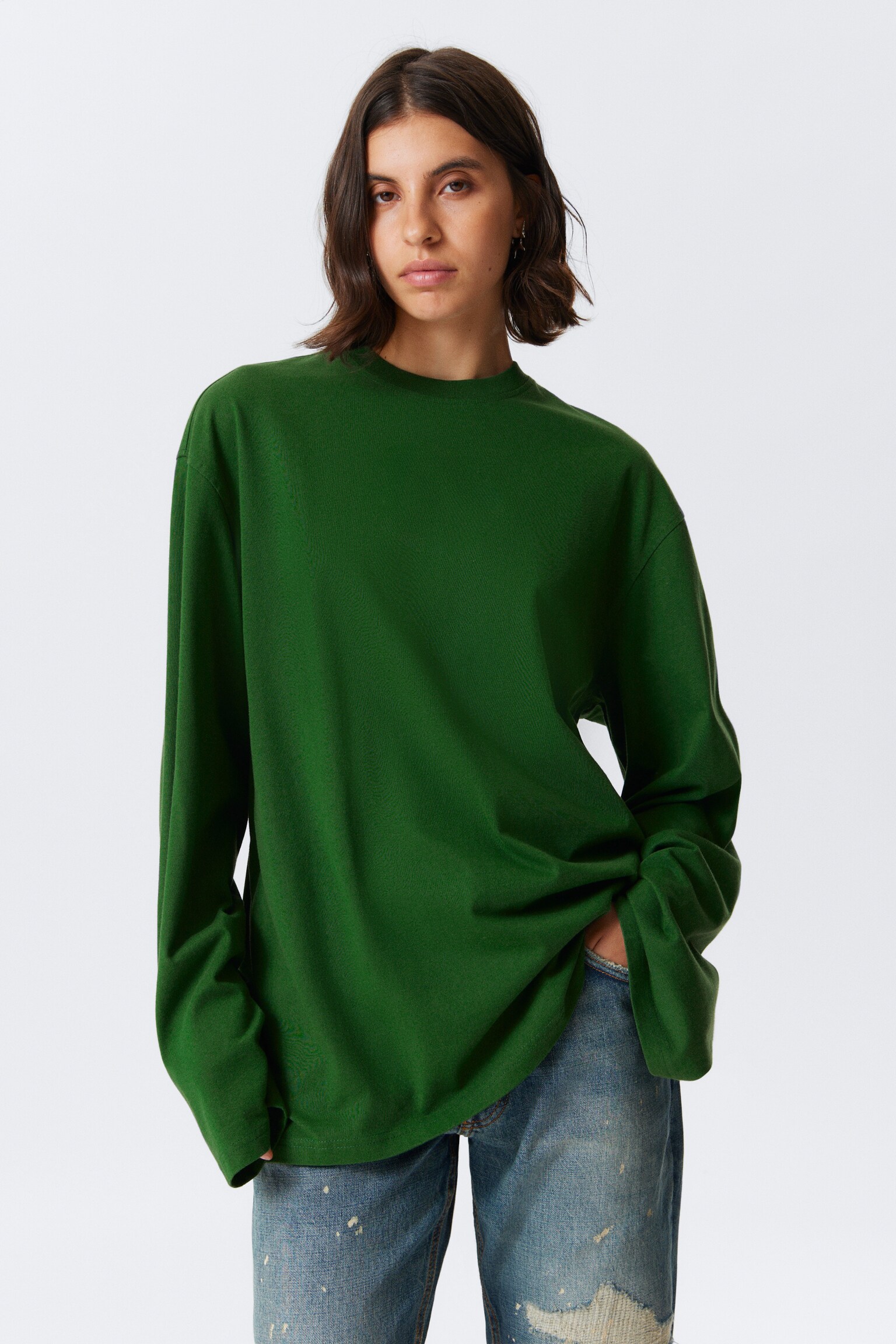Oversized-T-Shirt mit langen Ärmeln - Dunkelgrün/Leuchtendes Orange/Weiß