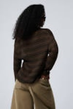 Striped Dark Brown - Relaxed Knitted V-neck Sweater - 3