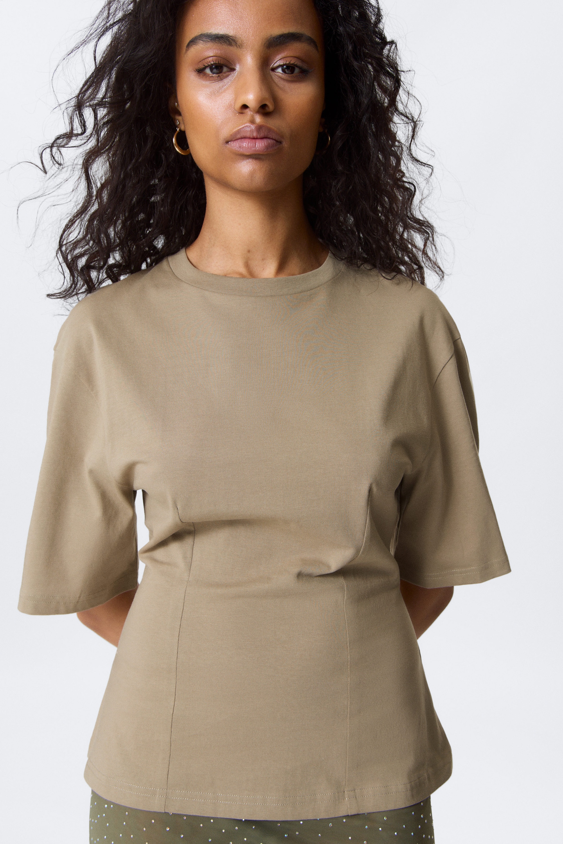 Light Khaki Green - Fitted Dart Detail T-shirt - 2