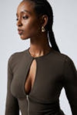 Dark Brown - Slim Long-Sleeved Zip Top - 1