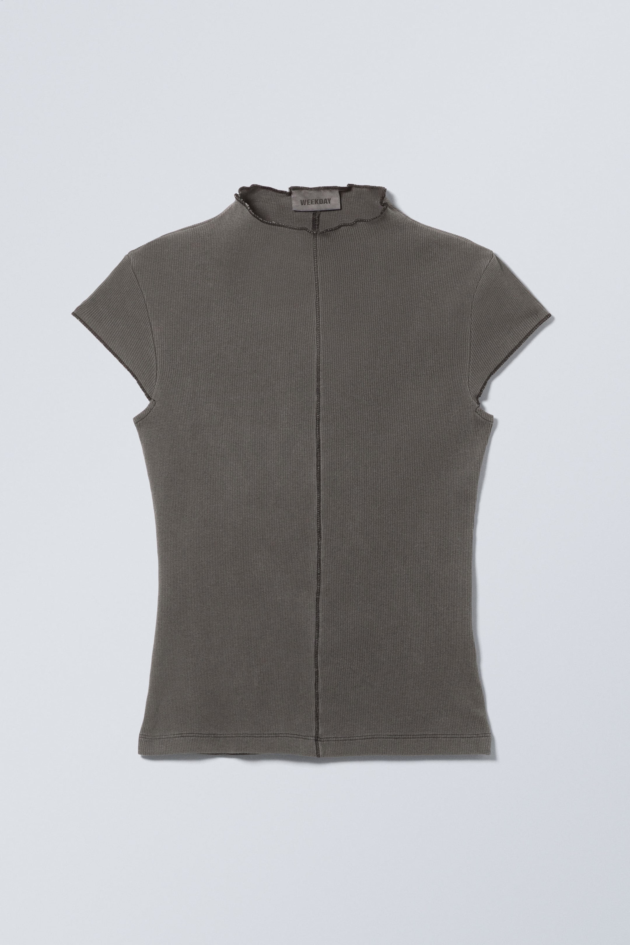 Verwaschenes Schwarz - Geripptes T-Shirt mit Stehkragen - 0