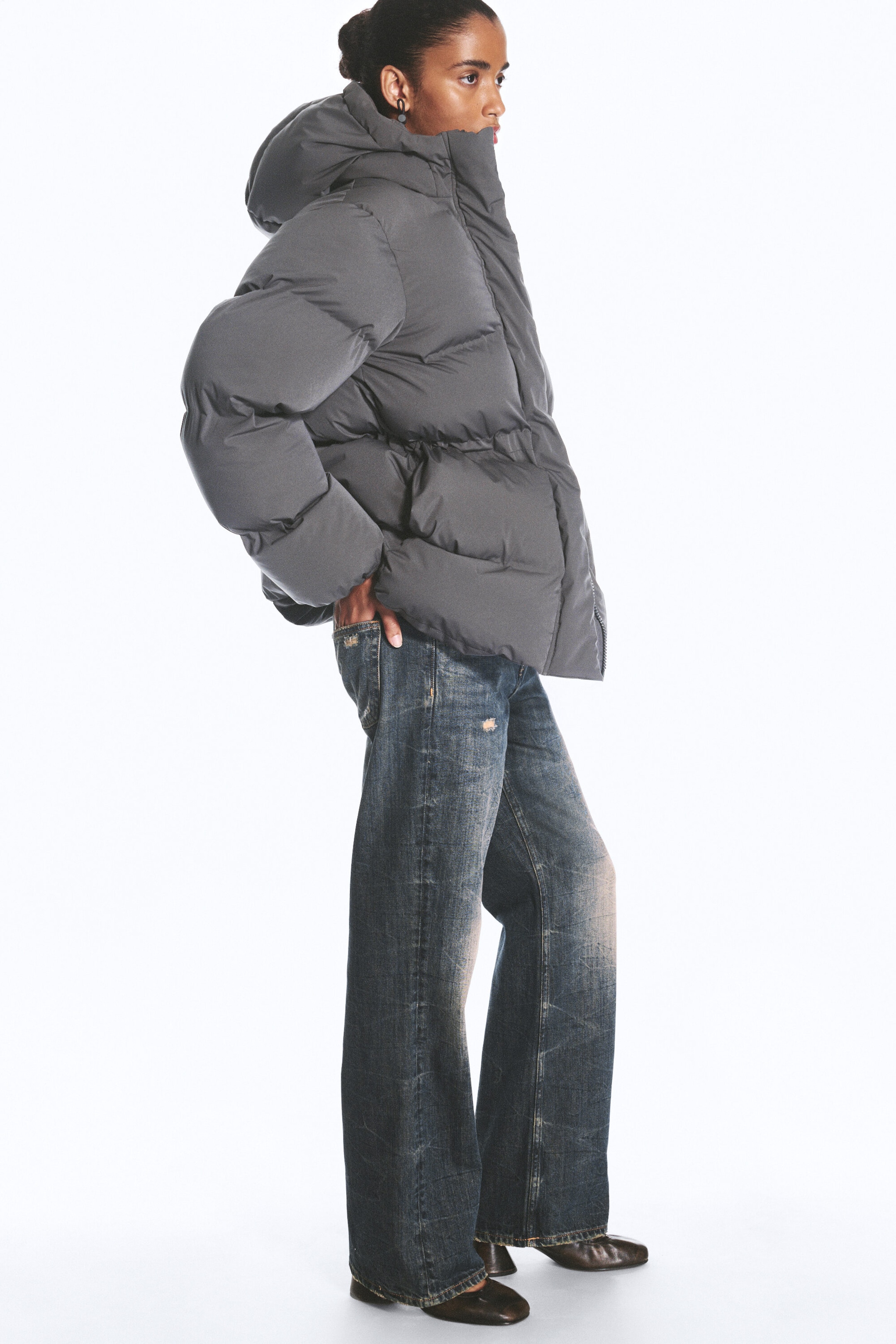 Dark Grey - Waisted puffer jacket - 3