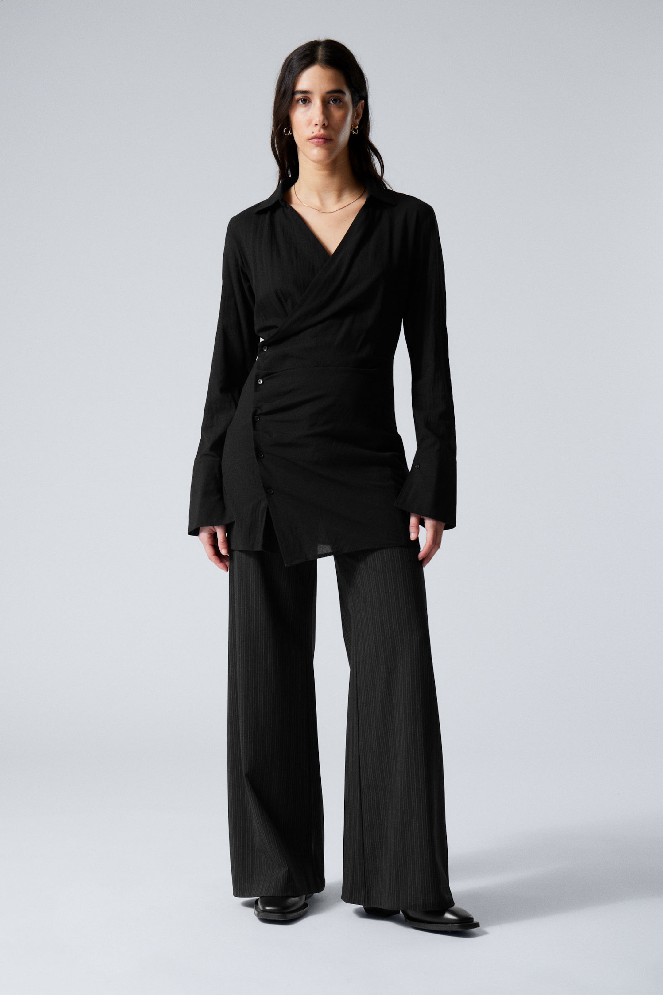 Black - Long-Sleeved Asymmetric Mini Shirt Dress - 2