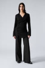 Black - Long-Sleeved Asymmetric Mini Shirt Dress - 1