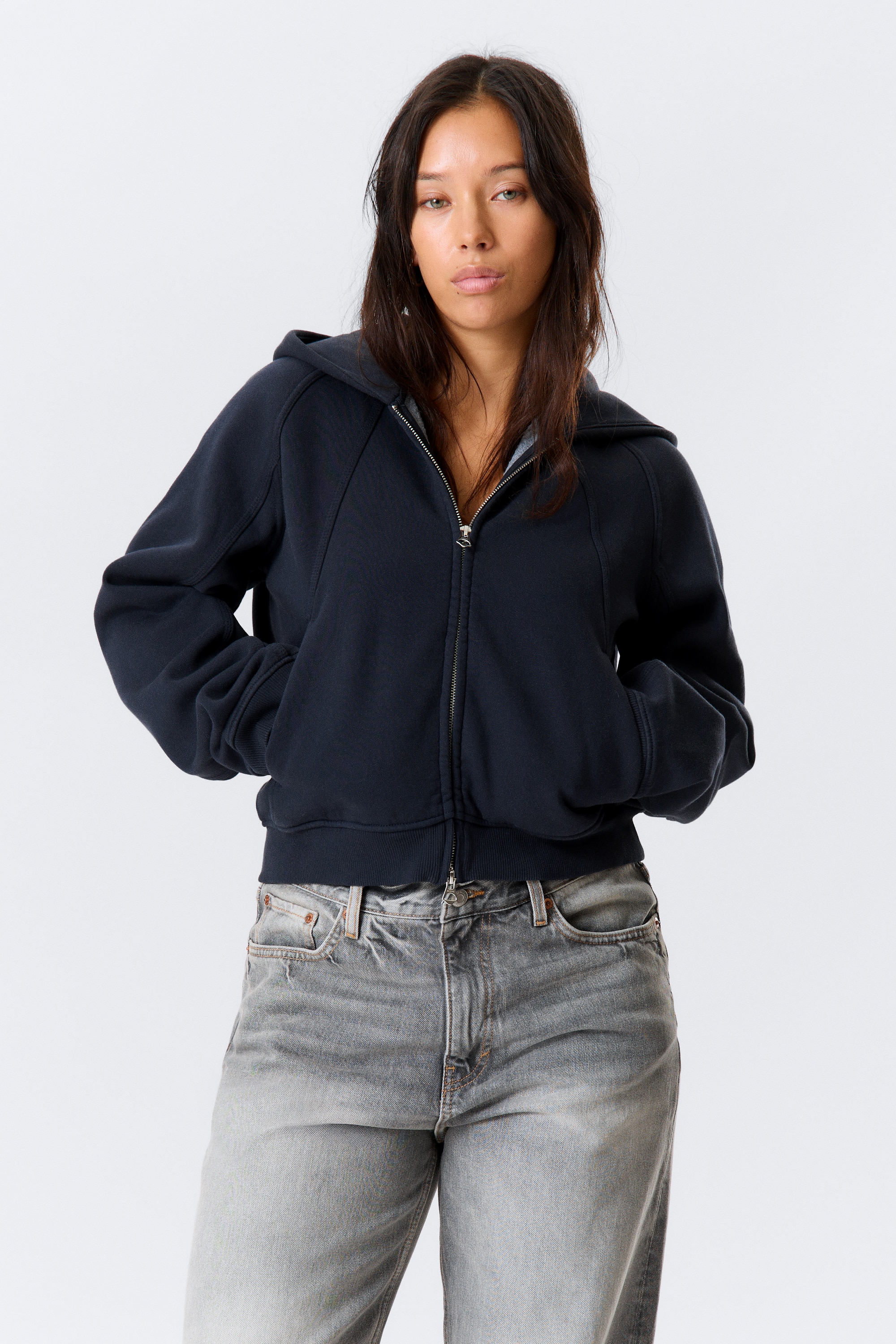 Raglánujjú cipzáras kapucnis - Sötétkék/Szürke melange