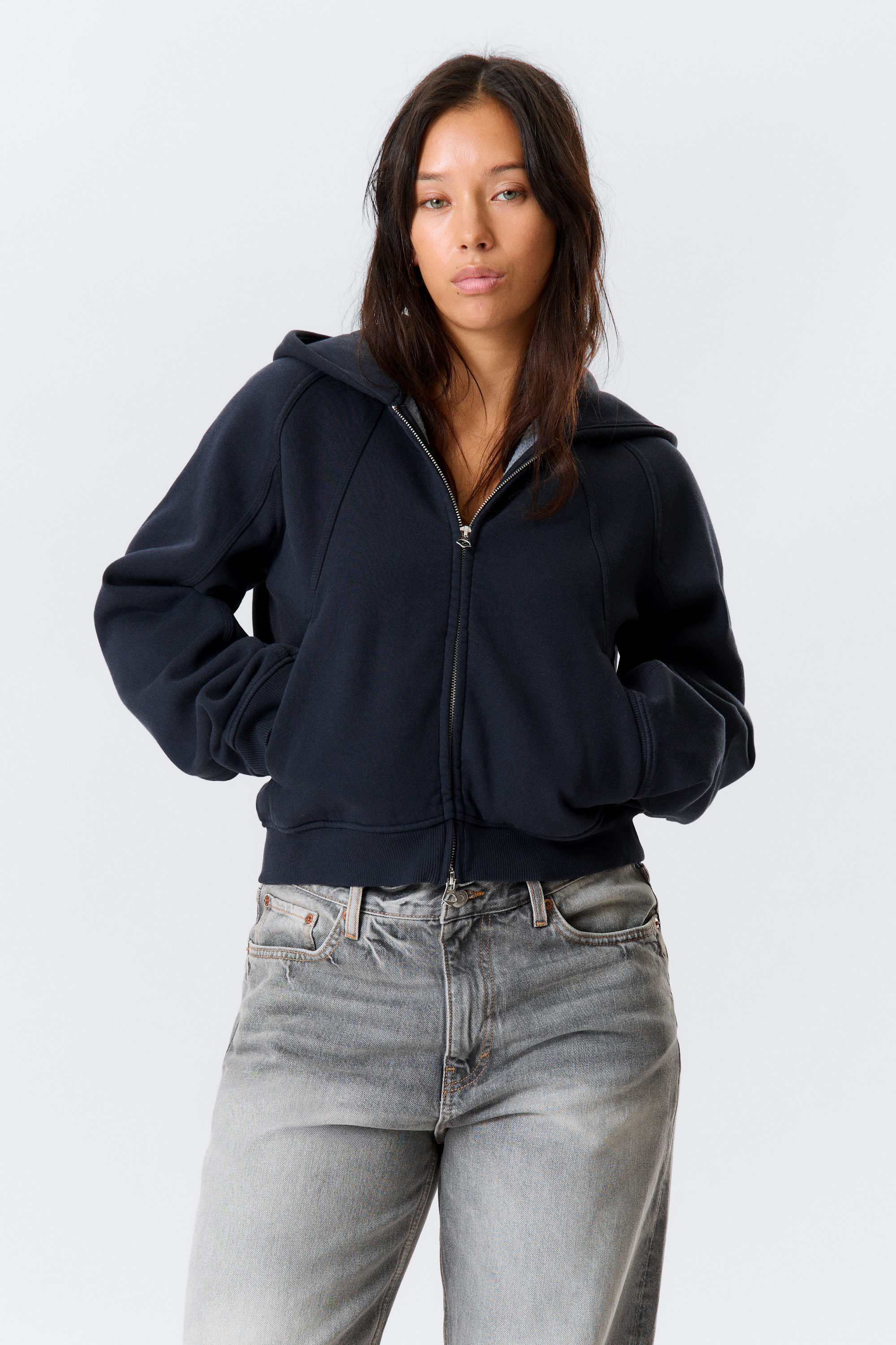 Dark Blue - Raglan-Sleeved Cutline Zip Hoodie - 1