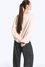 Beige - Oversized Knitted V-Neck Sweater - 2