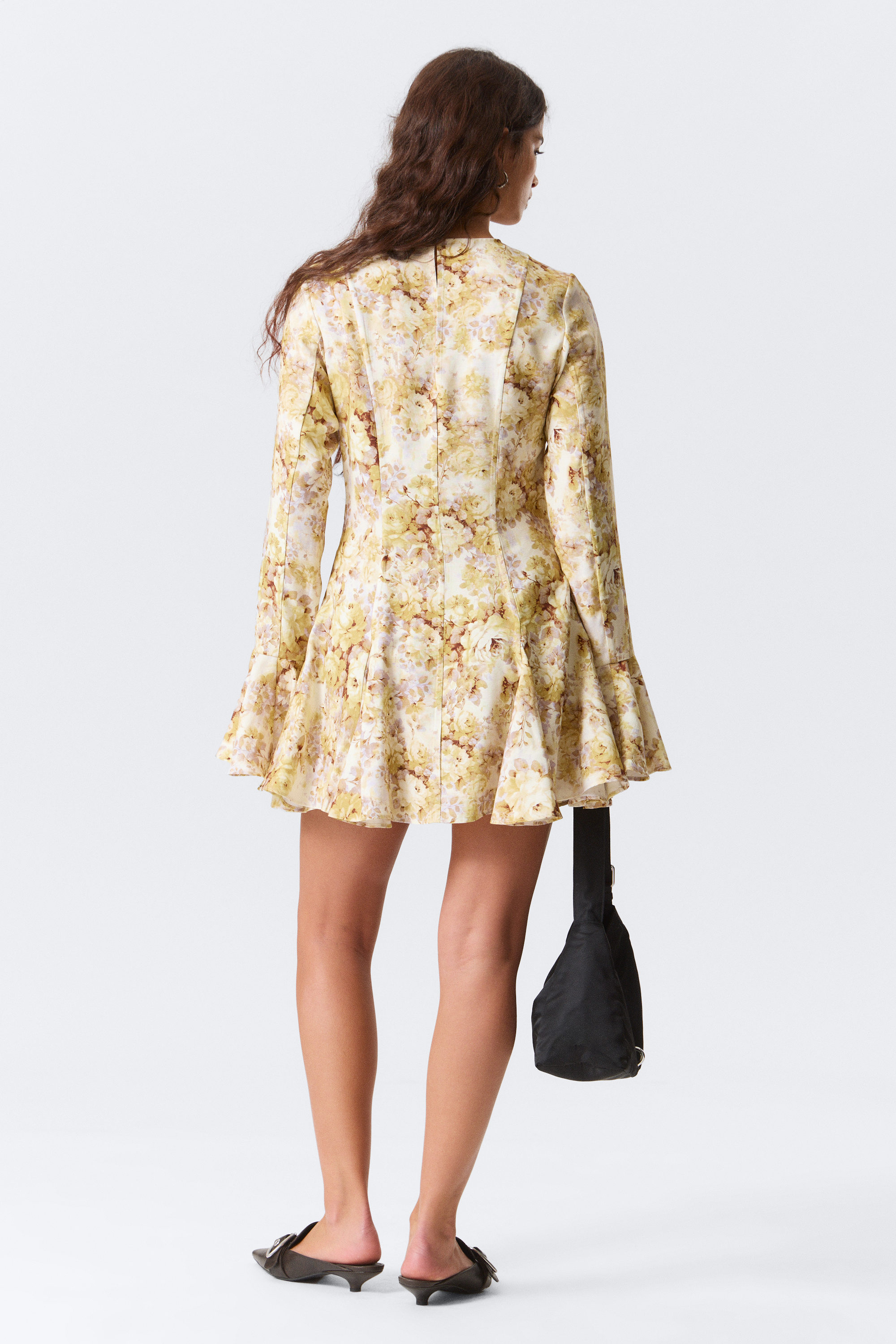 Yellow Floral Print - Slim Long-Sleeved Mini Flounce Dress - 3