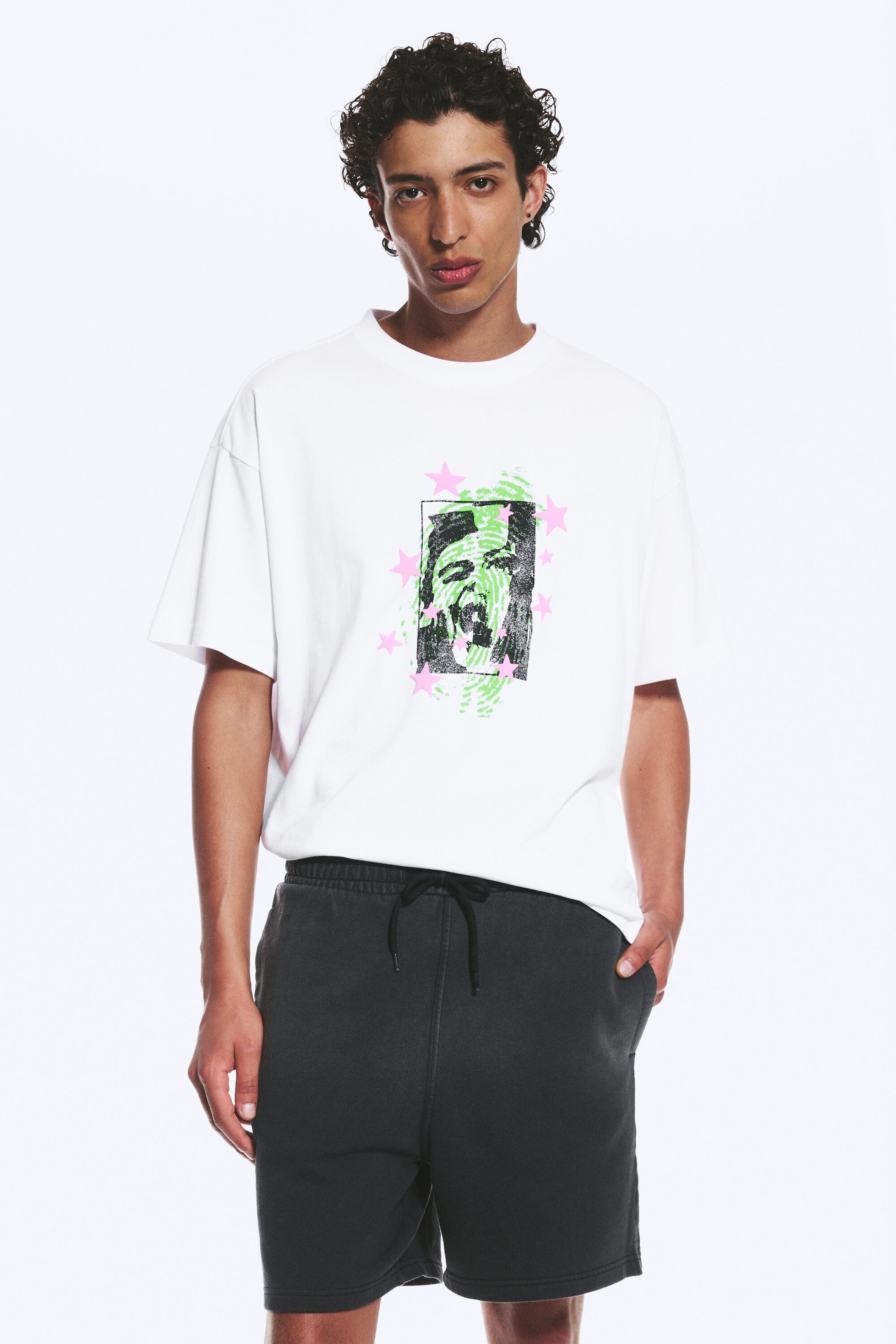 Weiß - Face Off - Bedrucktes kastiges T-Shirt - 1