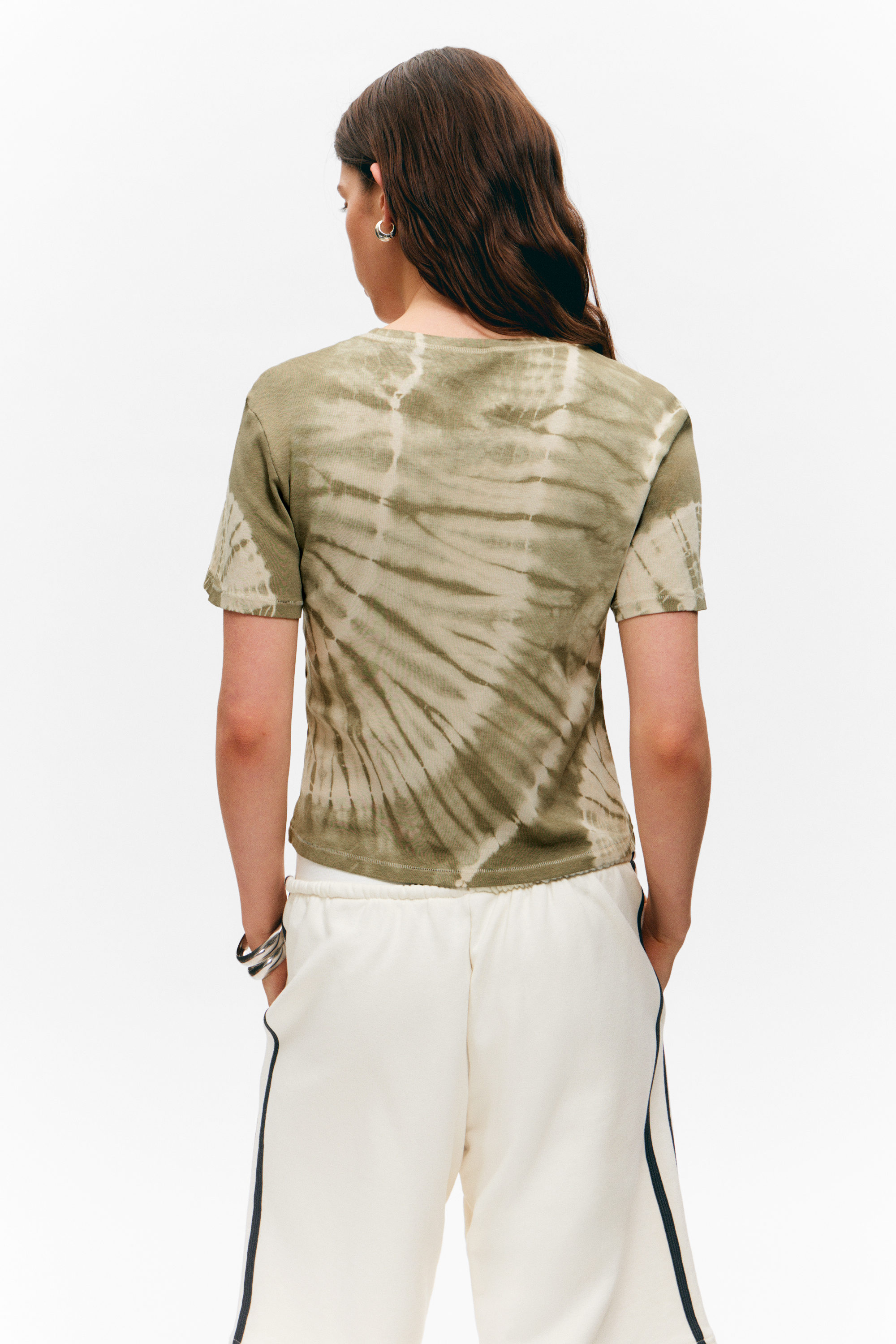 Khaki Green Tie-Dye - Cropped Printed Ribbed Cotton T-shirt - 2
