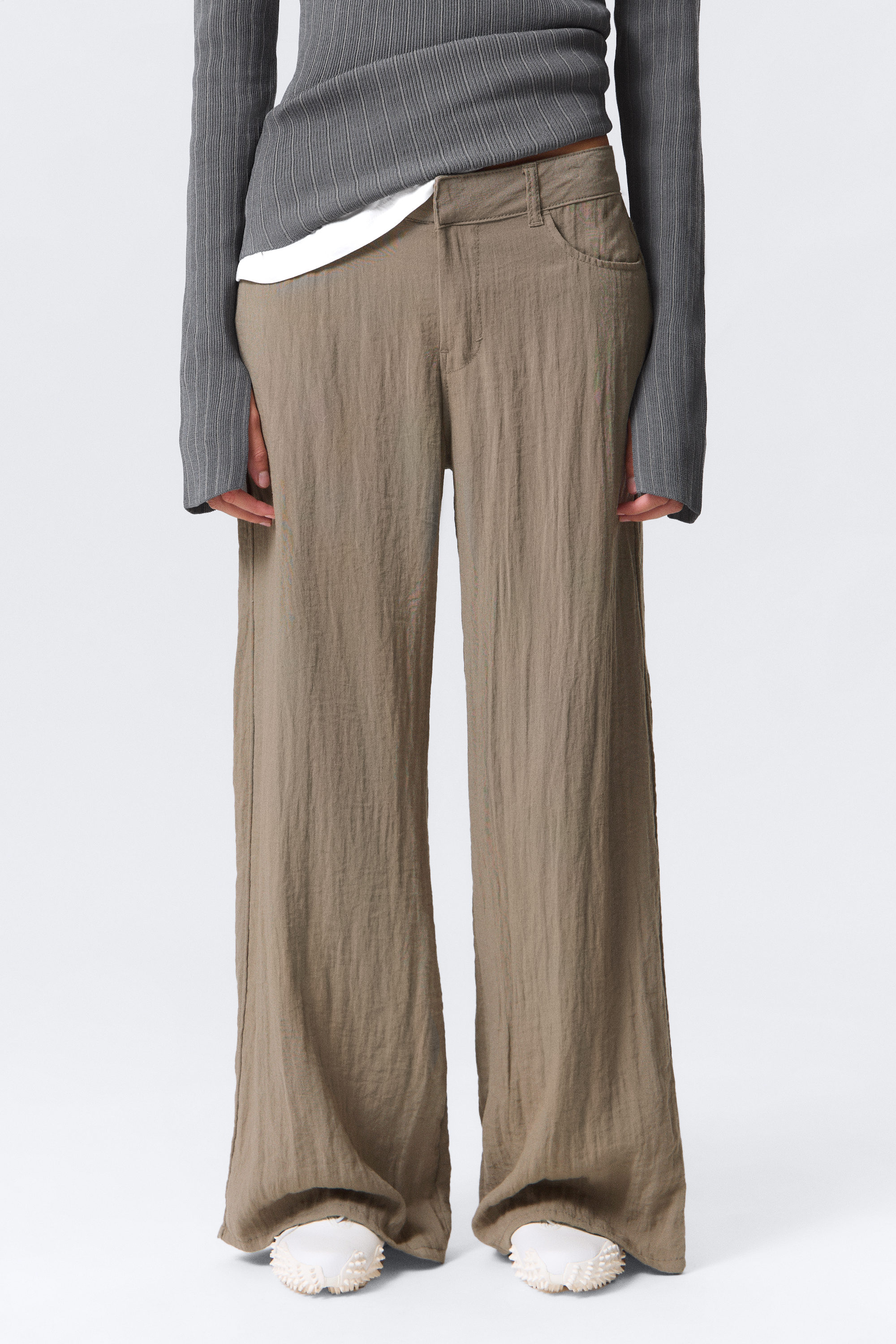 Beige - Crinkle Low Waist Loose Fit Trousers - 2