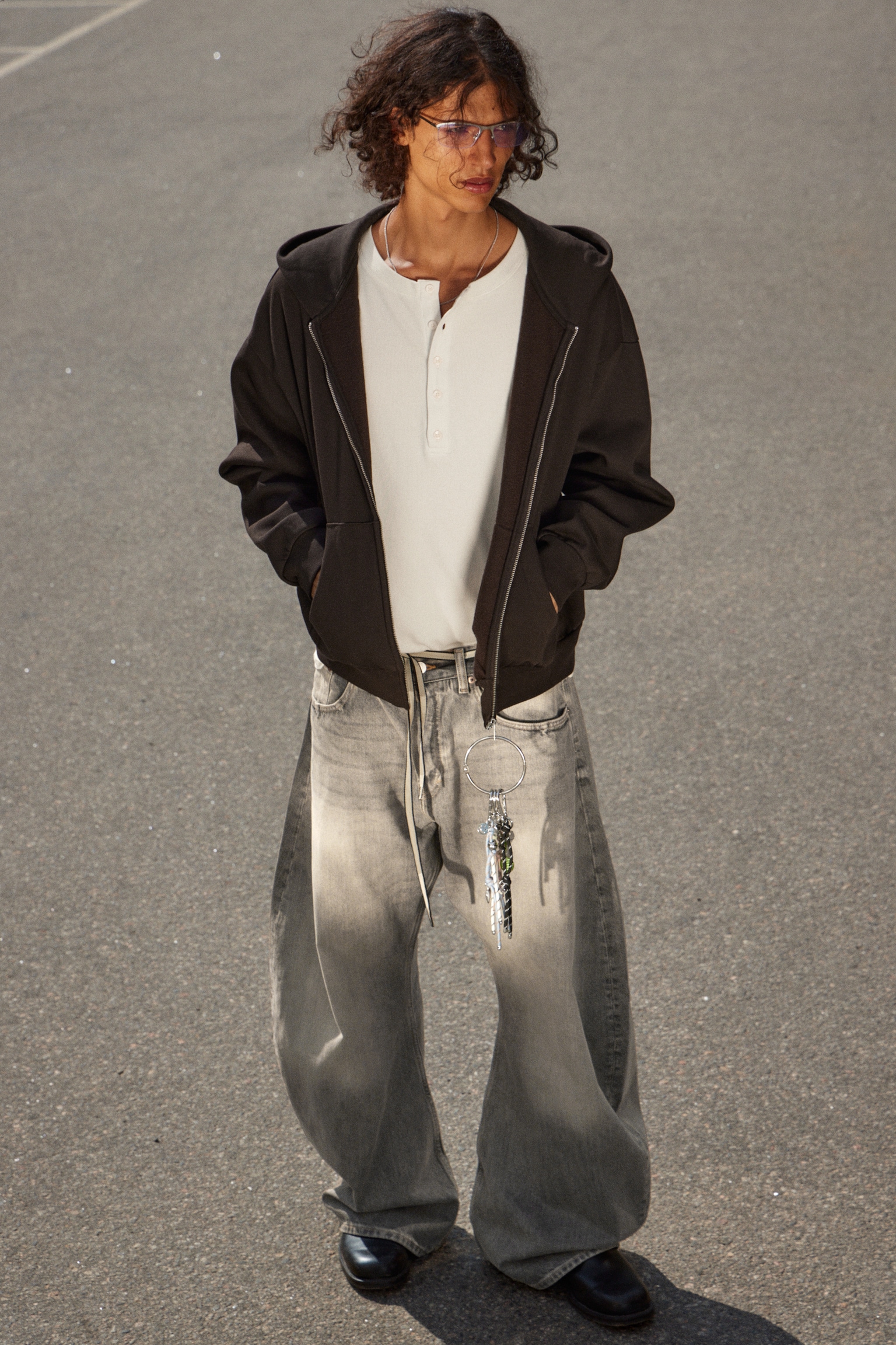 Loose Fit Zip Hoodie - Dark Brown/Grey Melange/Black - 7