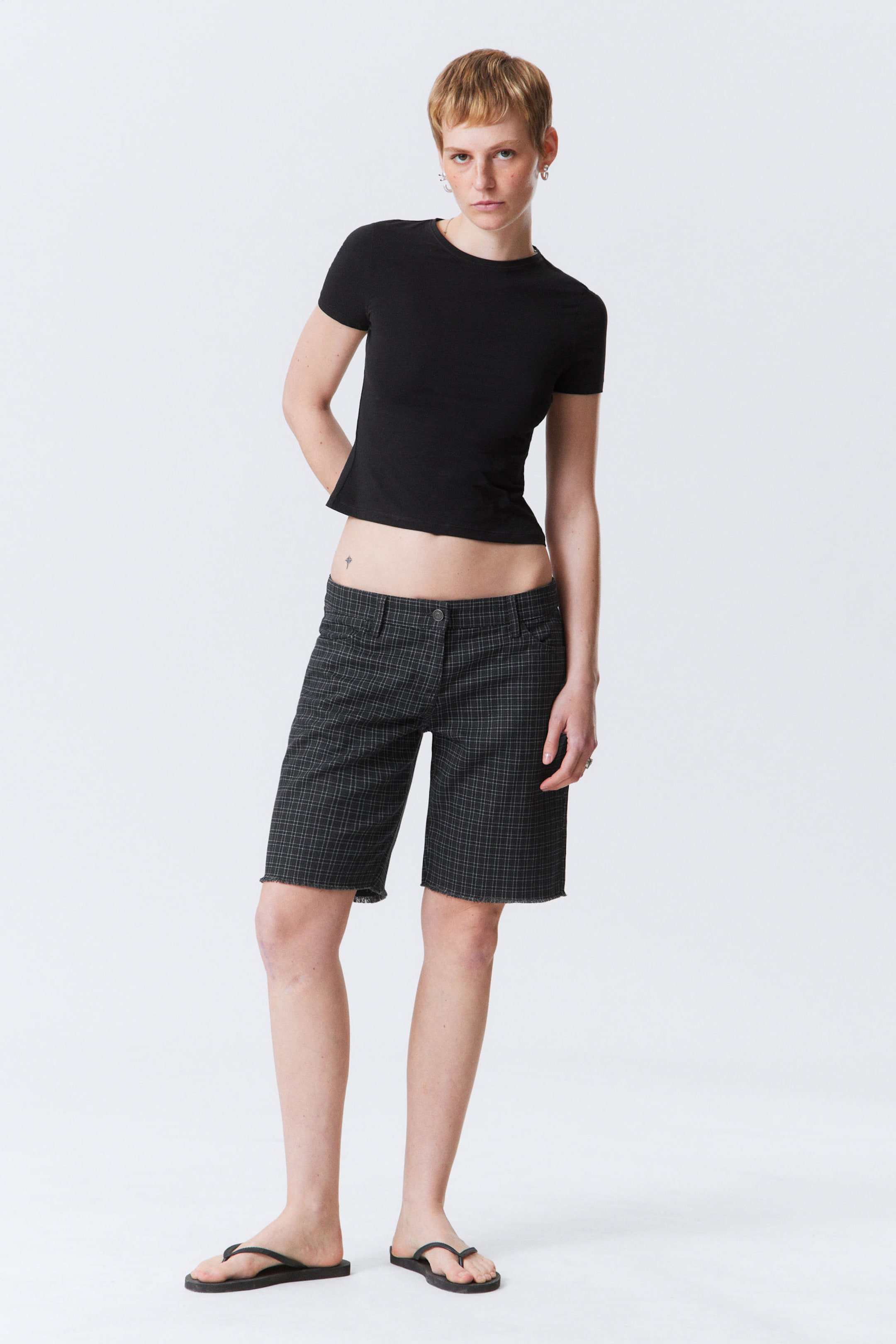 Checked Dark Grey - Checked Knee-Length Cotton Twill Shorts - 1