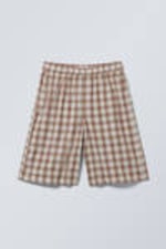 Beiges Karomuster - Lockere, knielange Twill-Shorts - 0
