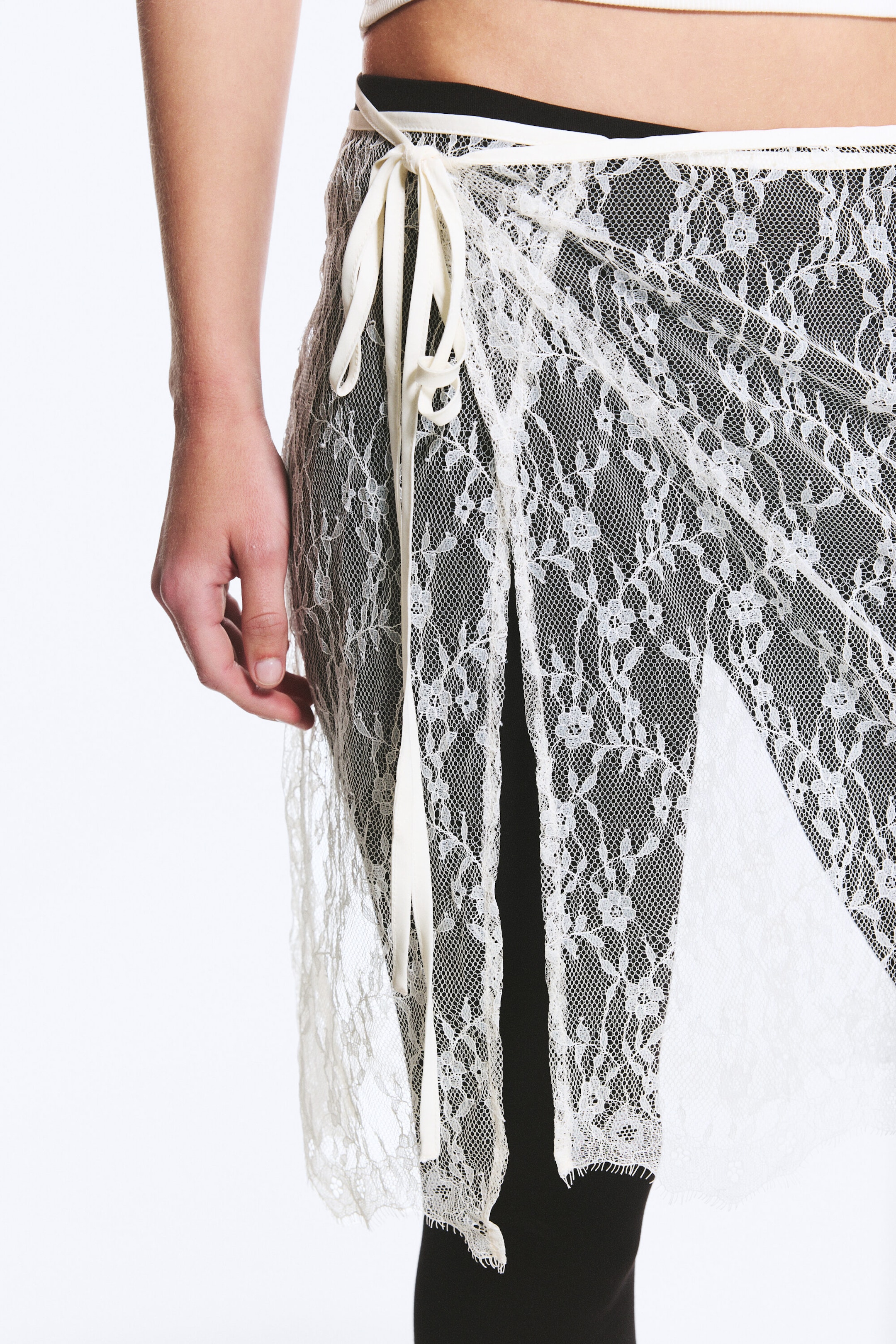 White - Lace - Lace Wrap Midi Skirt - 1